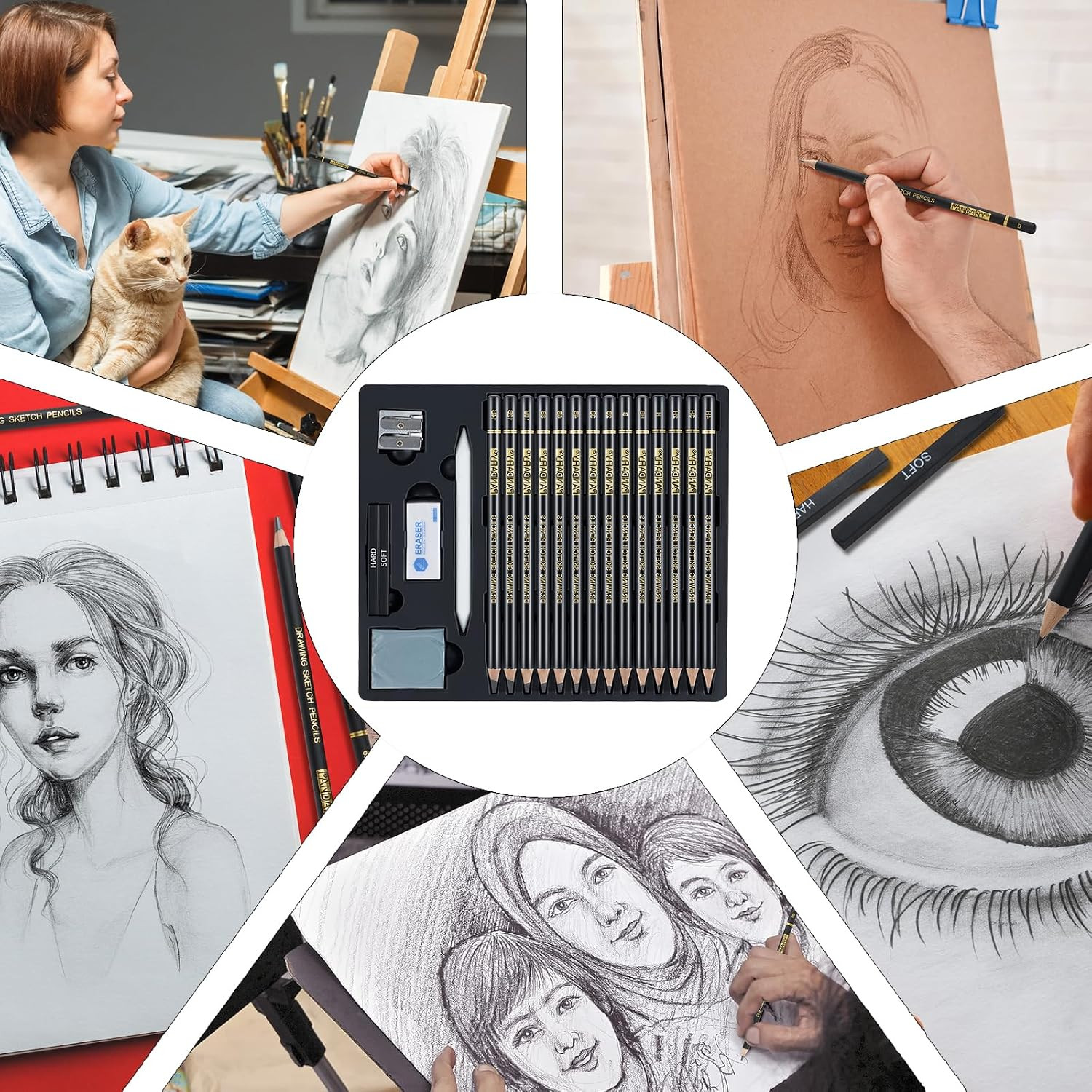 Drawing Sketching Pencil Set, 20 Piece Pro Art Pencil Kit, 4H-14B Graphite Penci
