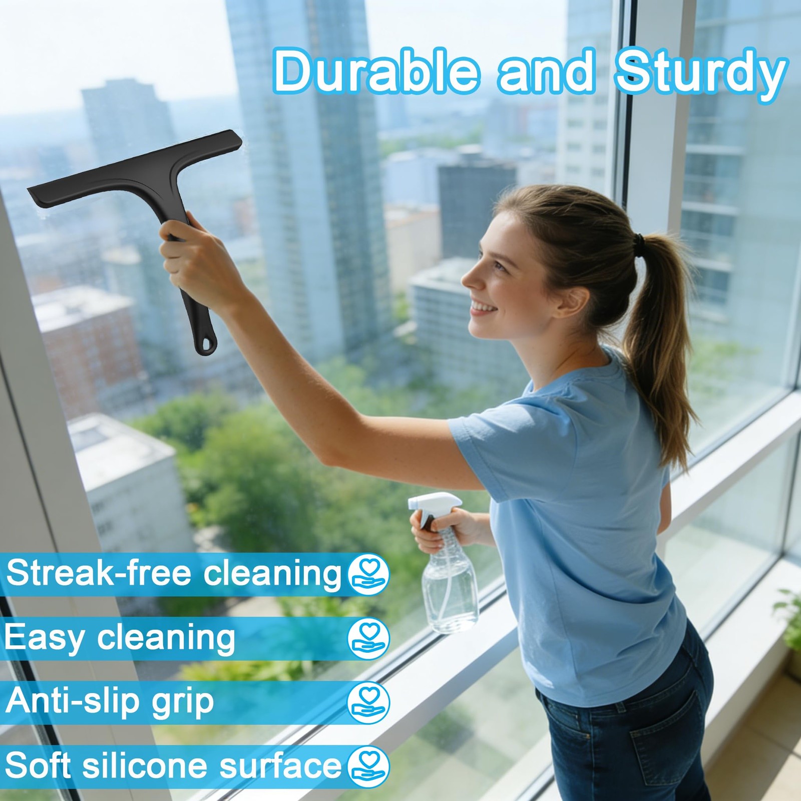 Silicone Shower Squeegee for Bathroom Glass Doors with Hanging Hole for Easy