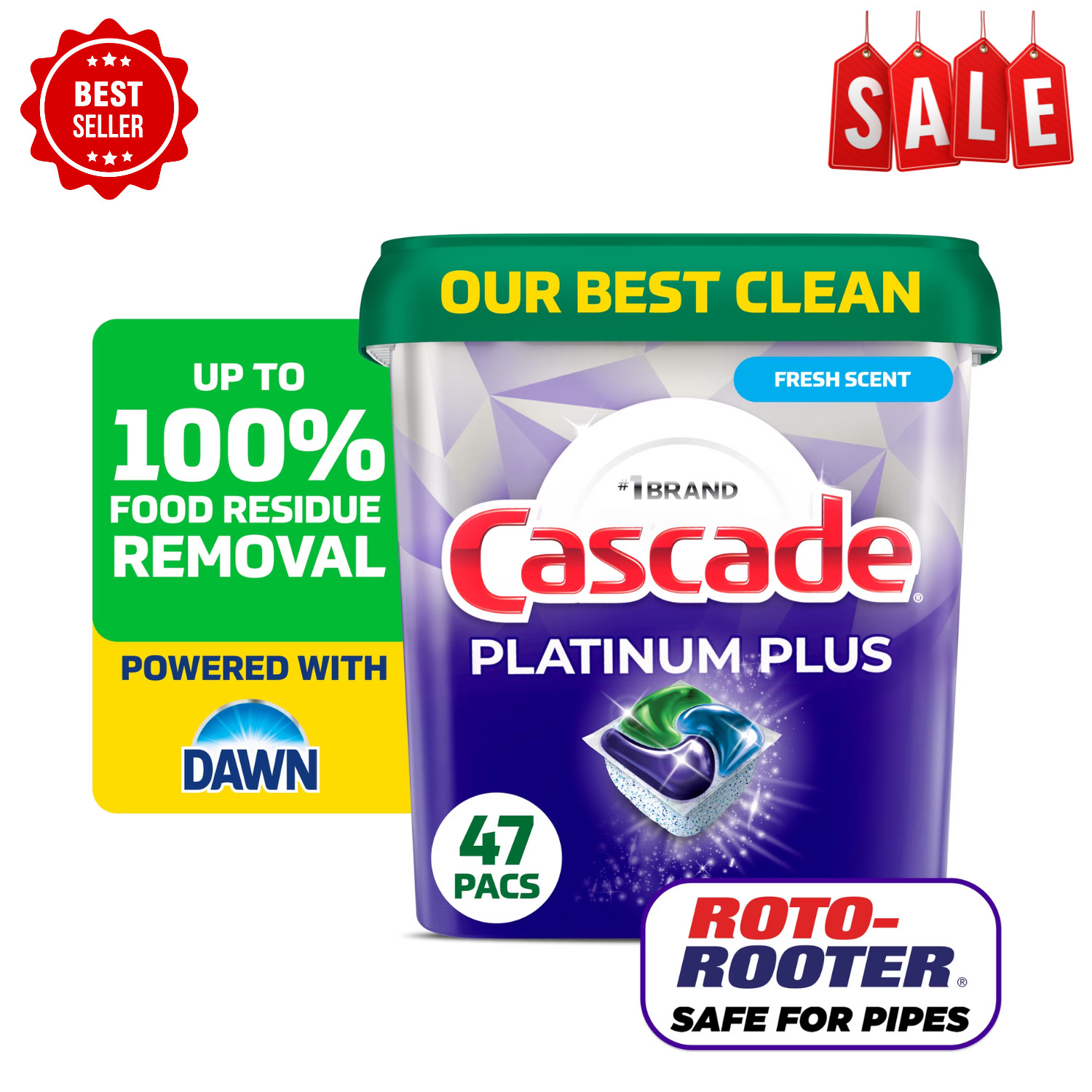 Cascade Platinum Plus 47 Count Dishwasher Pods Action Pacs Fresh Cleaning