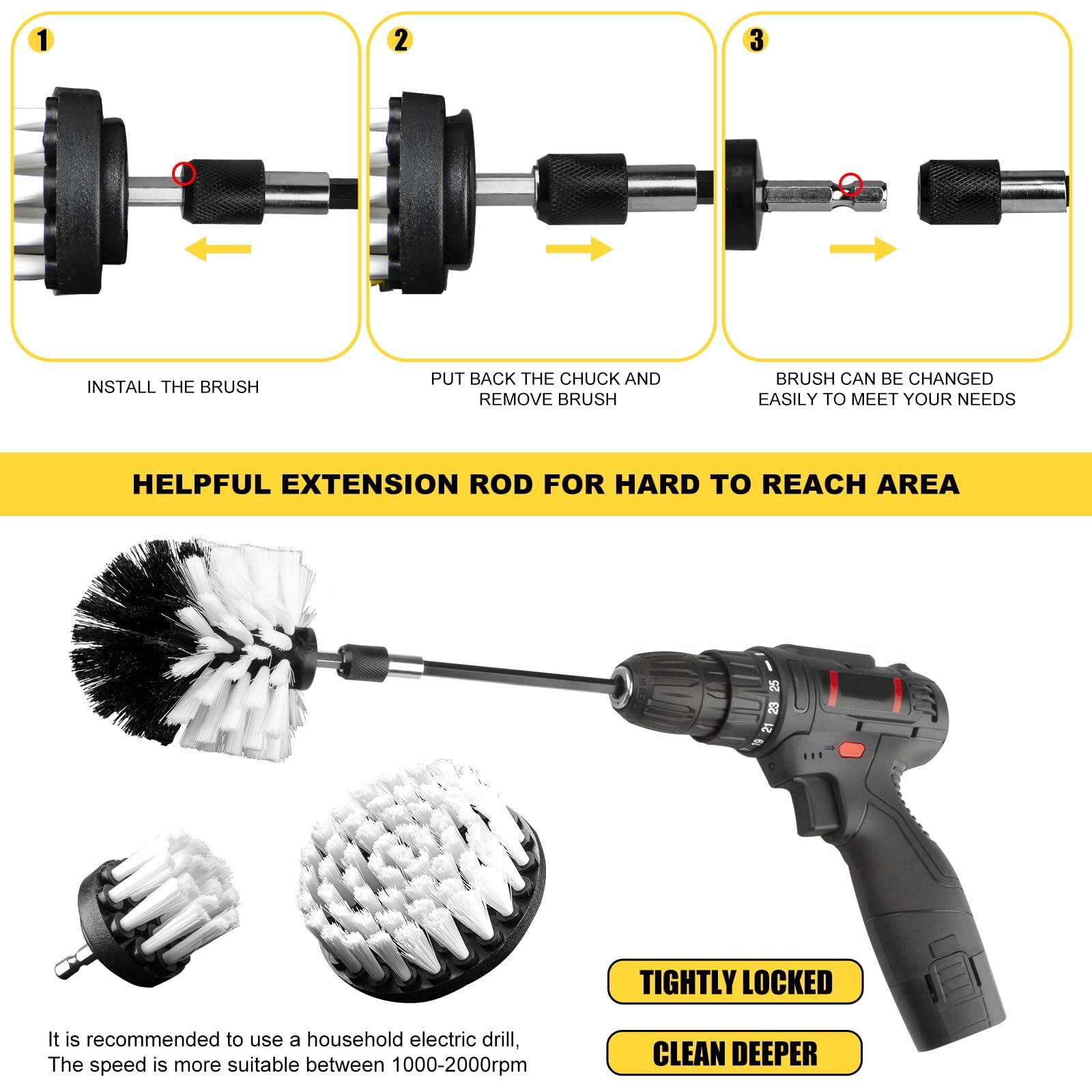 Drill Brush Attachment Kit 3piece Cleaning Set For Bathtubs Showers Tiles Carpet