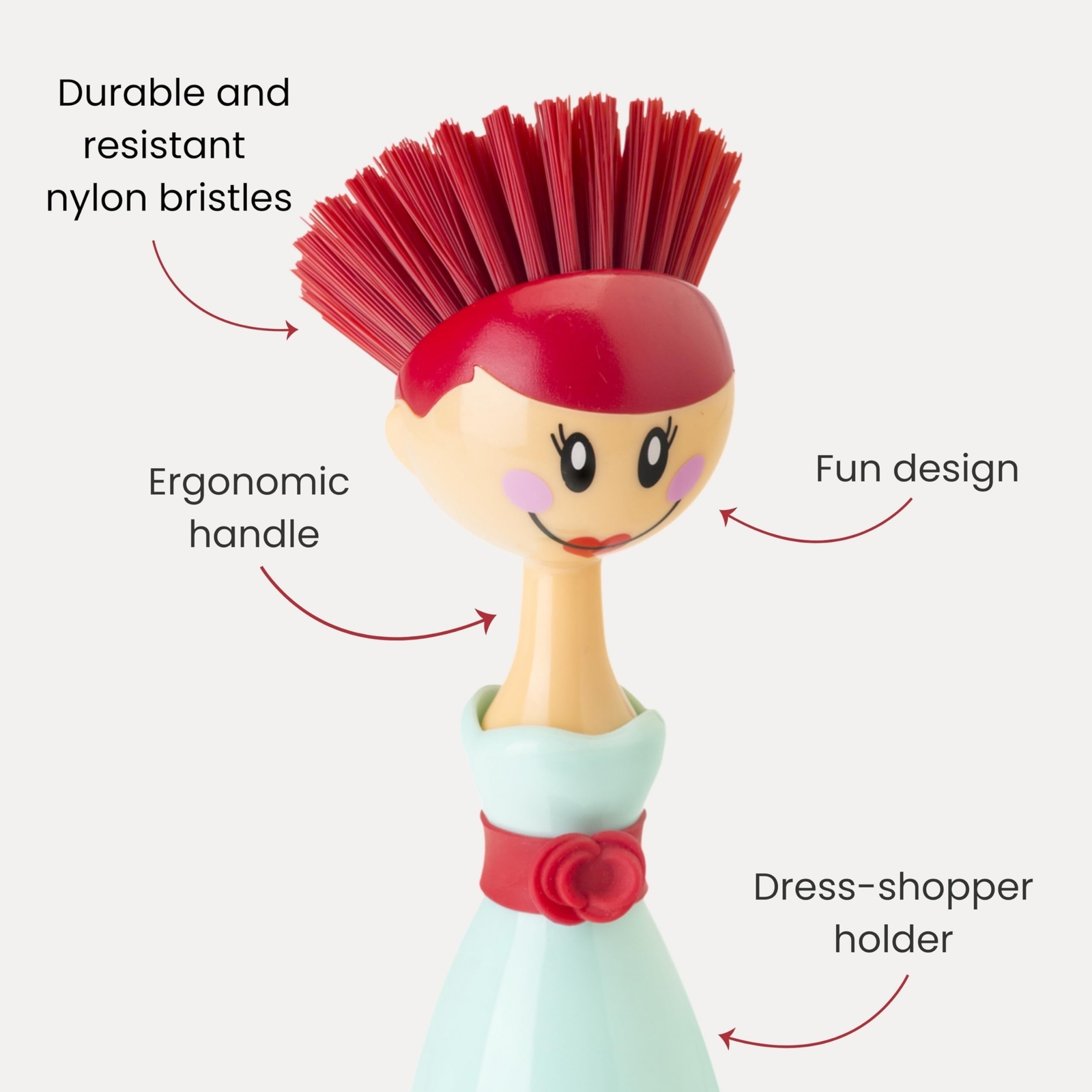 Dolls Dish Brush With Ergonomic Handle And Dresshaped Storage Holder Scrub Brush