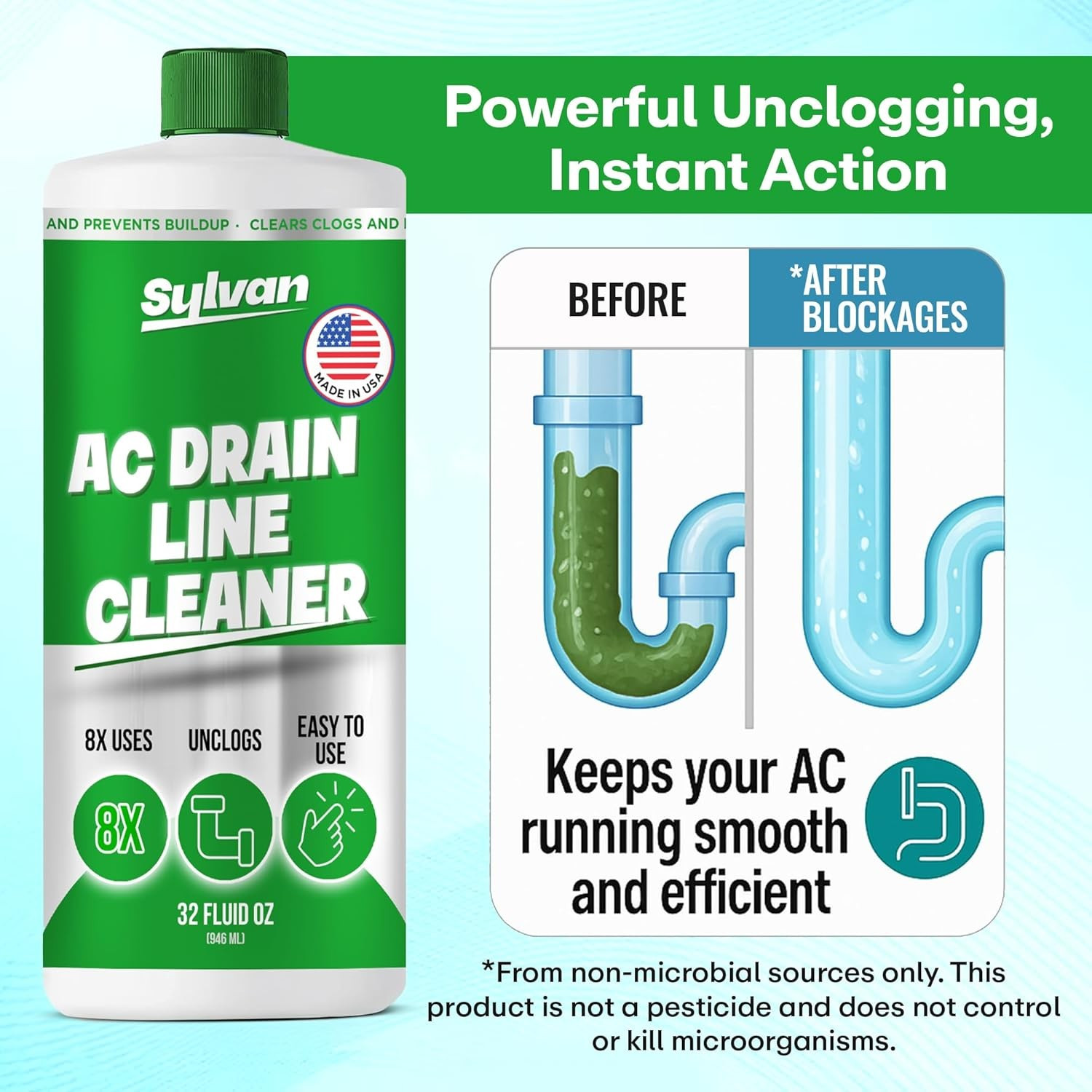 AC Drain Line Cleaner 32 Oz 12 Month Supply W/ Free XXL Drain Brush Air