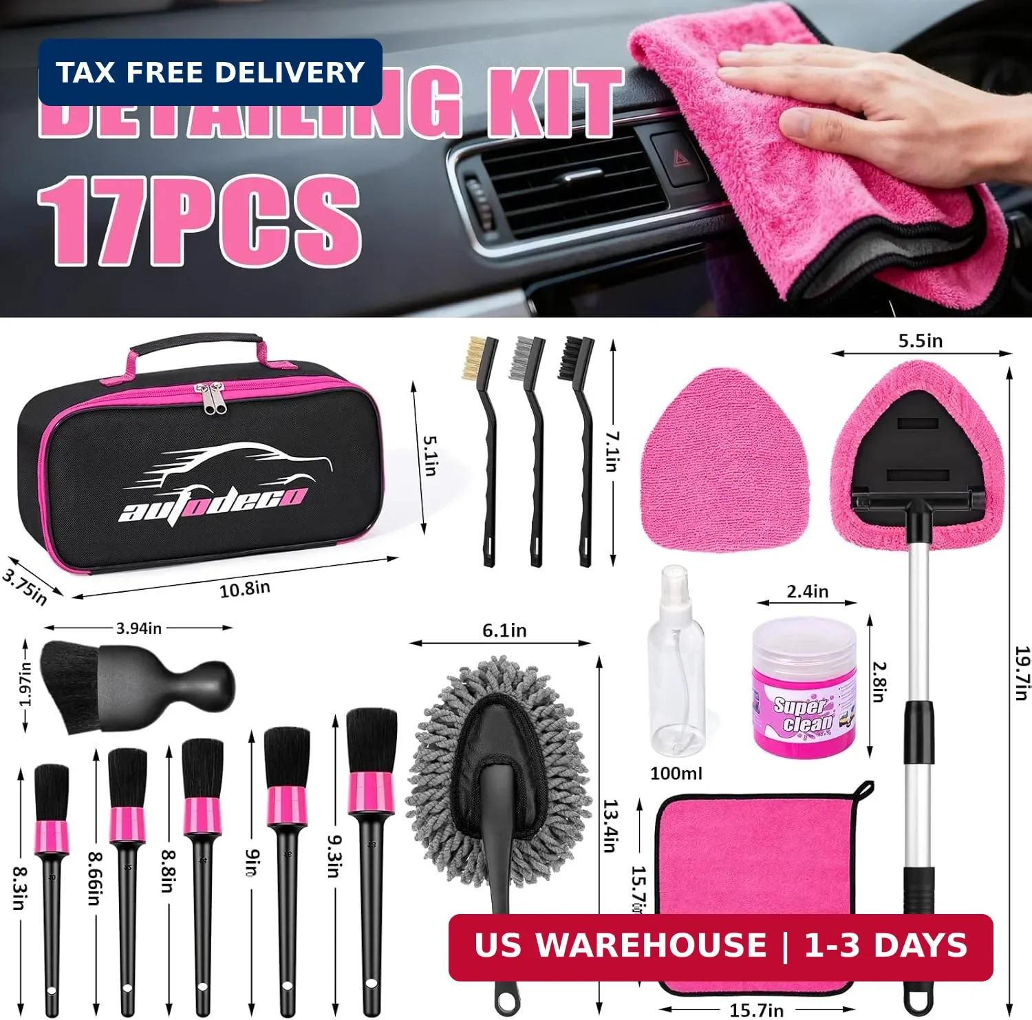 Windshield Cleaner Tool, 17Pcs Car Interior Detailing Kit, Detailing Brush, Towe