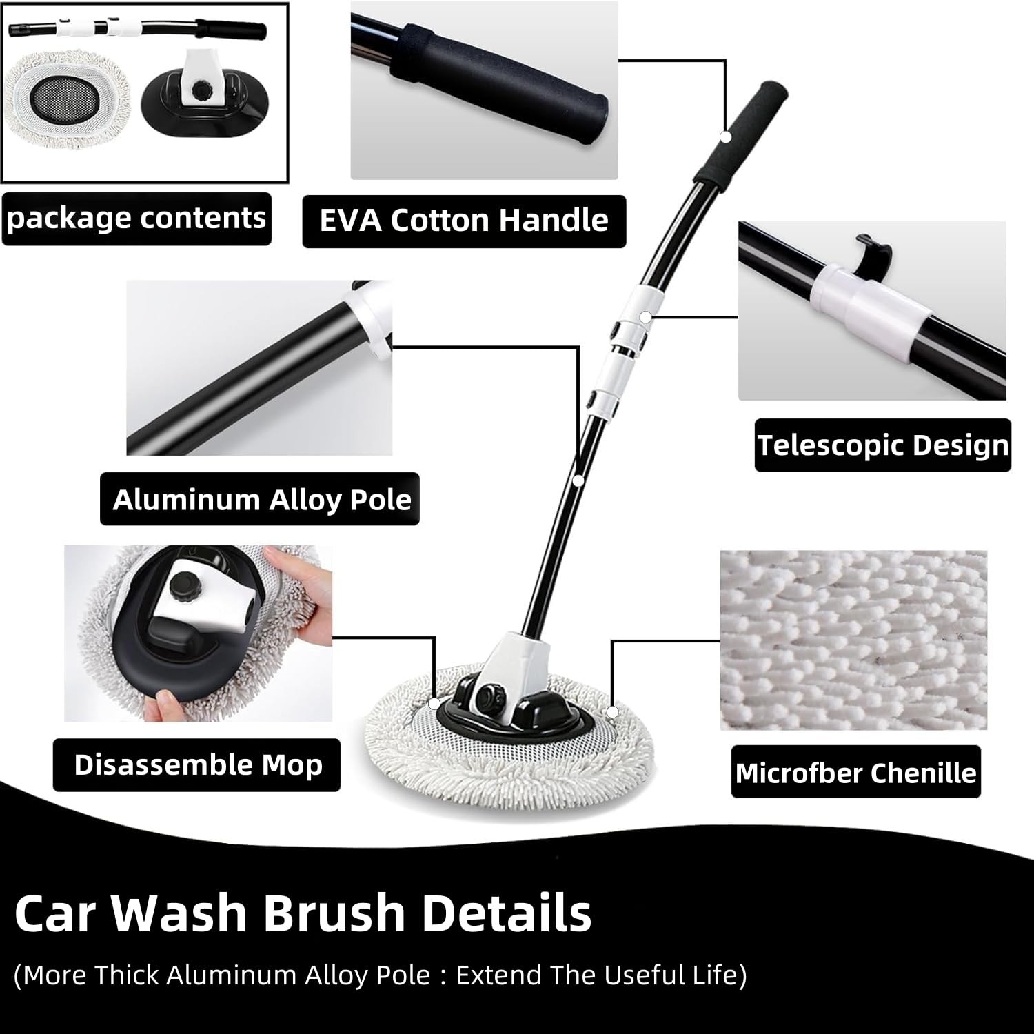 15° Curved Car Wash Brush with Long Handle 43″ Microfiber Cleaning Mop Telesc…