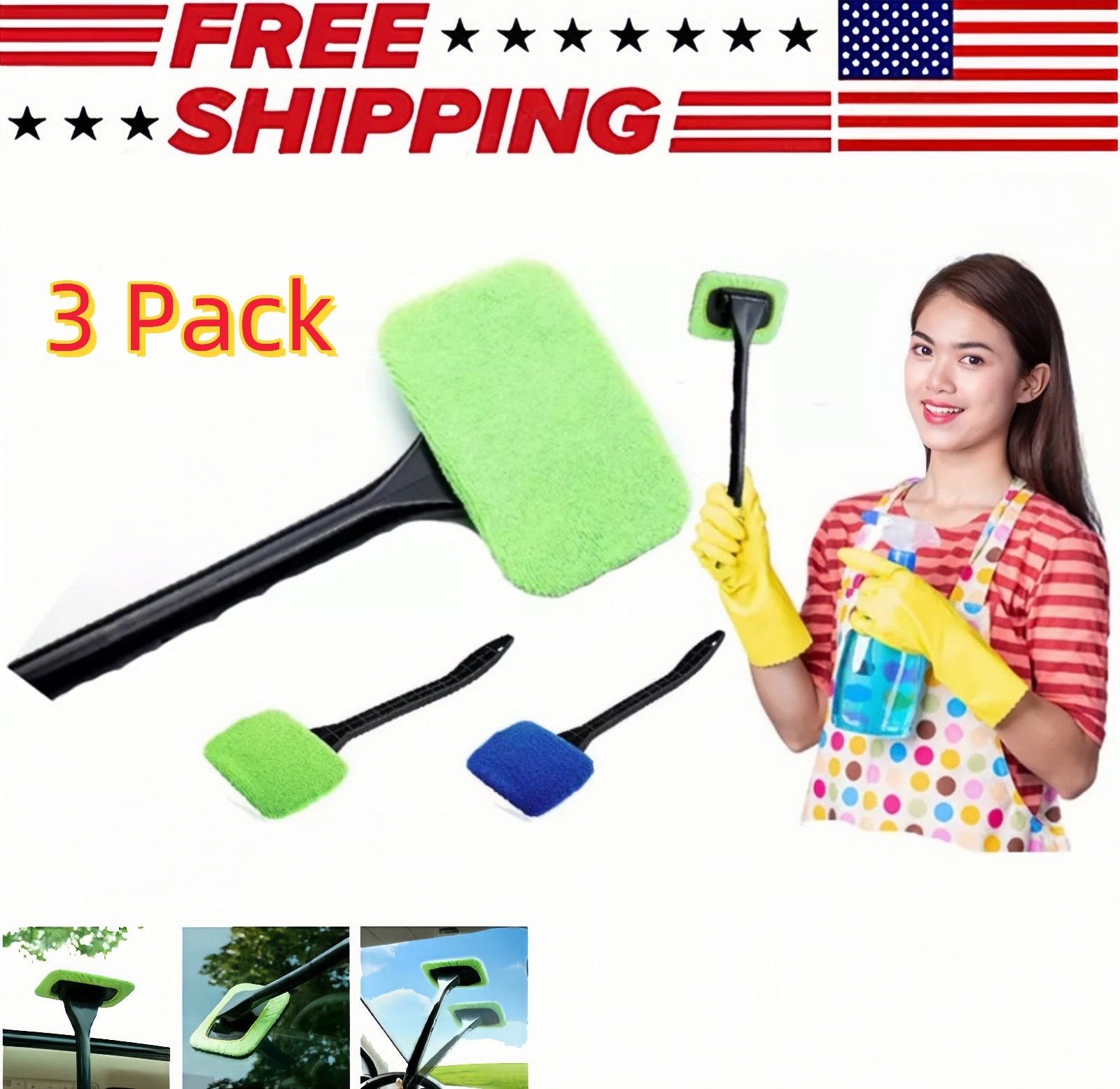 3Pcs Car Windshield Cleaning Tool Interior Glass Window Cleaner Wand Brush Pad