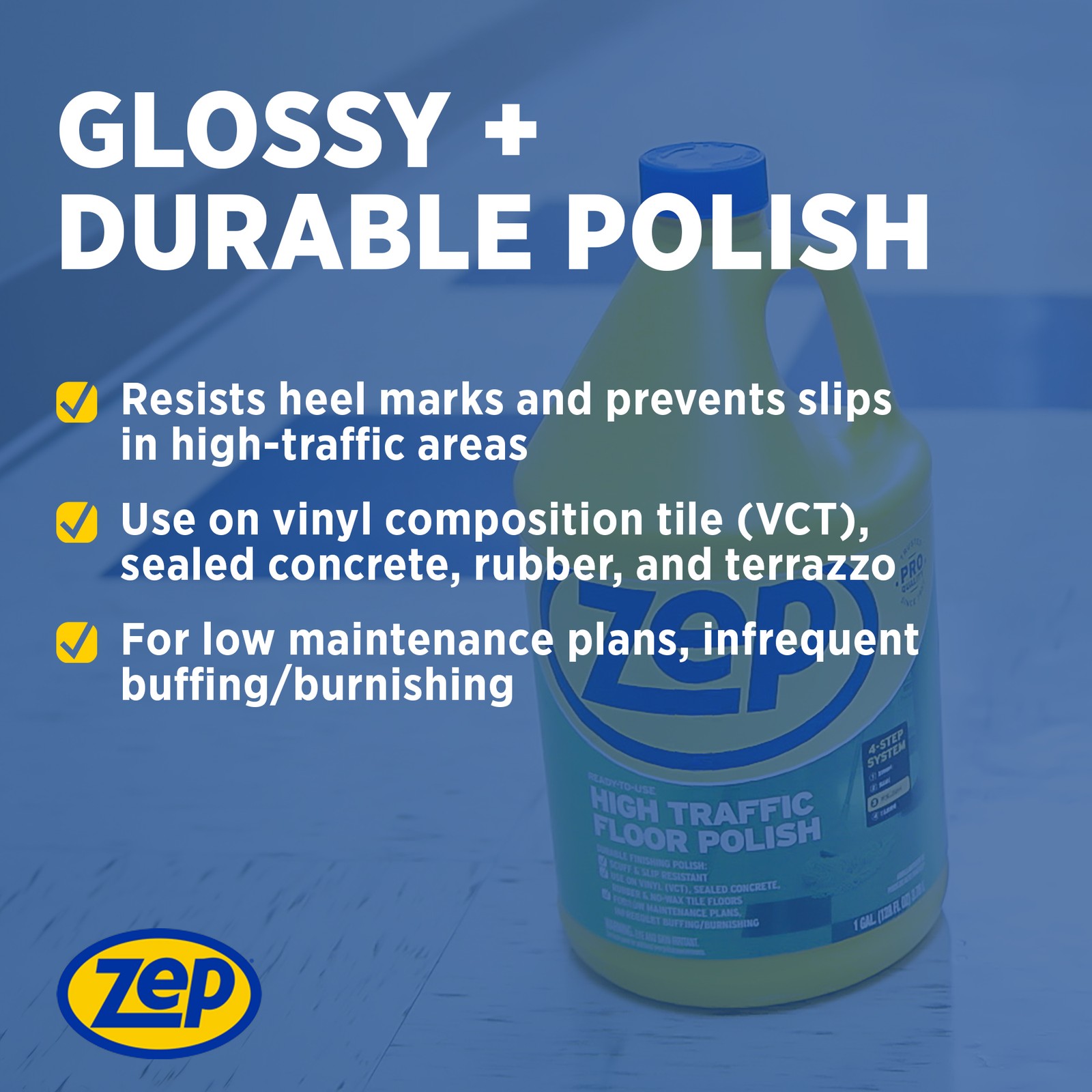 Zep High Traffic Floor Polish – 5 Gal (1 Pail) ZUHTFF5G – Scuff and Slip