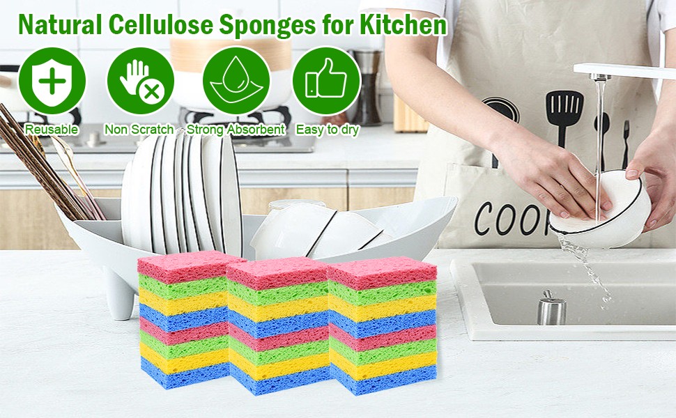 24 Pack Kitchen Sponges Natural Cellulose Compressed Sponges for Cleaning