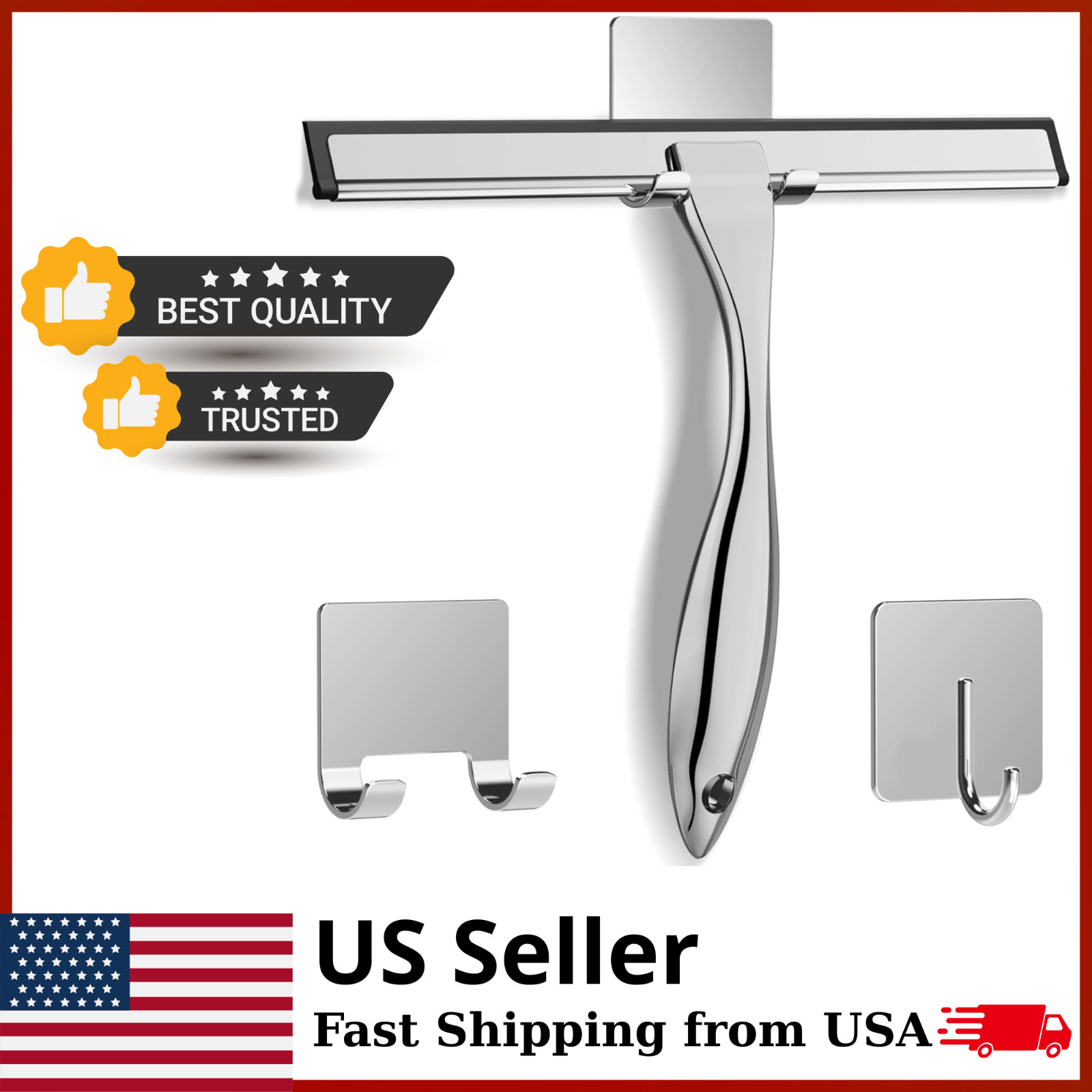 Stainless Steel Shower Squeegee for Shower Glass Door with 2 Adhesive Hooks New*