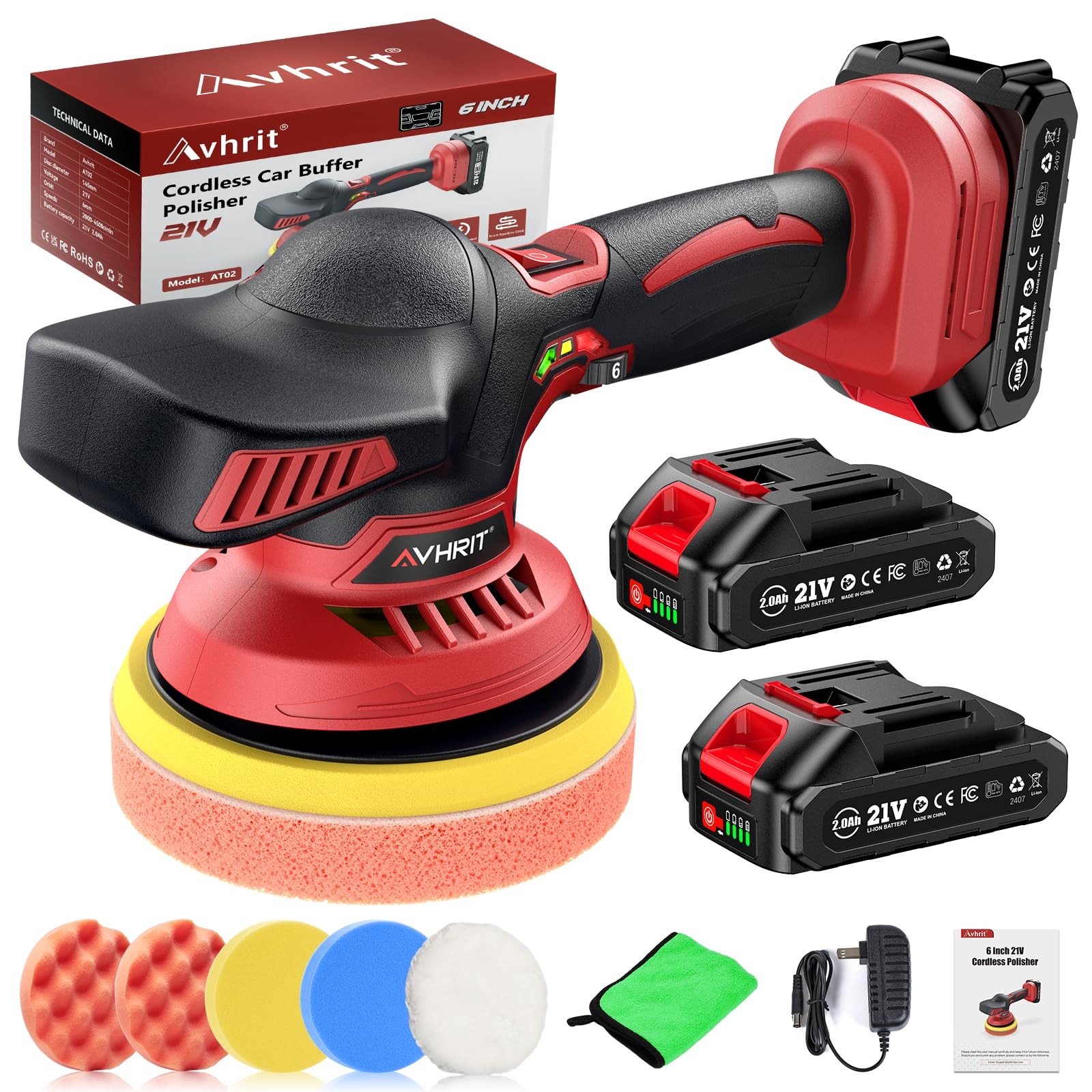 Cordless Car Buffer Polisher kit w/ 2x2000mAh 21V Batteries, 6 Inch Car buffe…