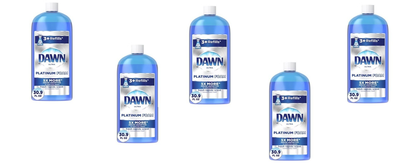 5 NEW Dawn PLATINUM Foam Dishwashing Foam Refill Fresh Rapids 30.9 FL OZ
