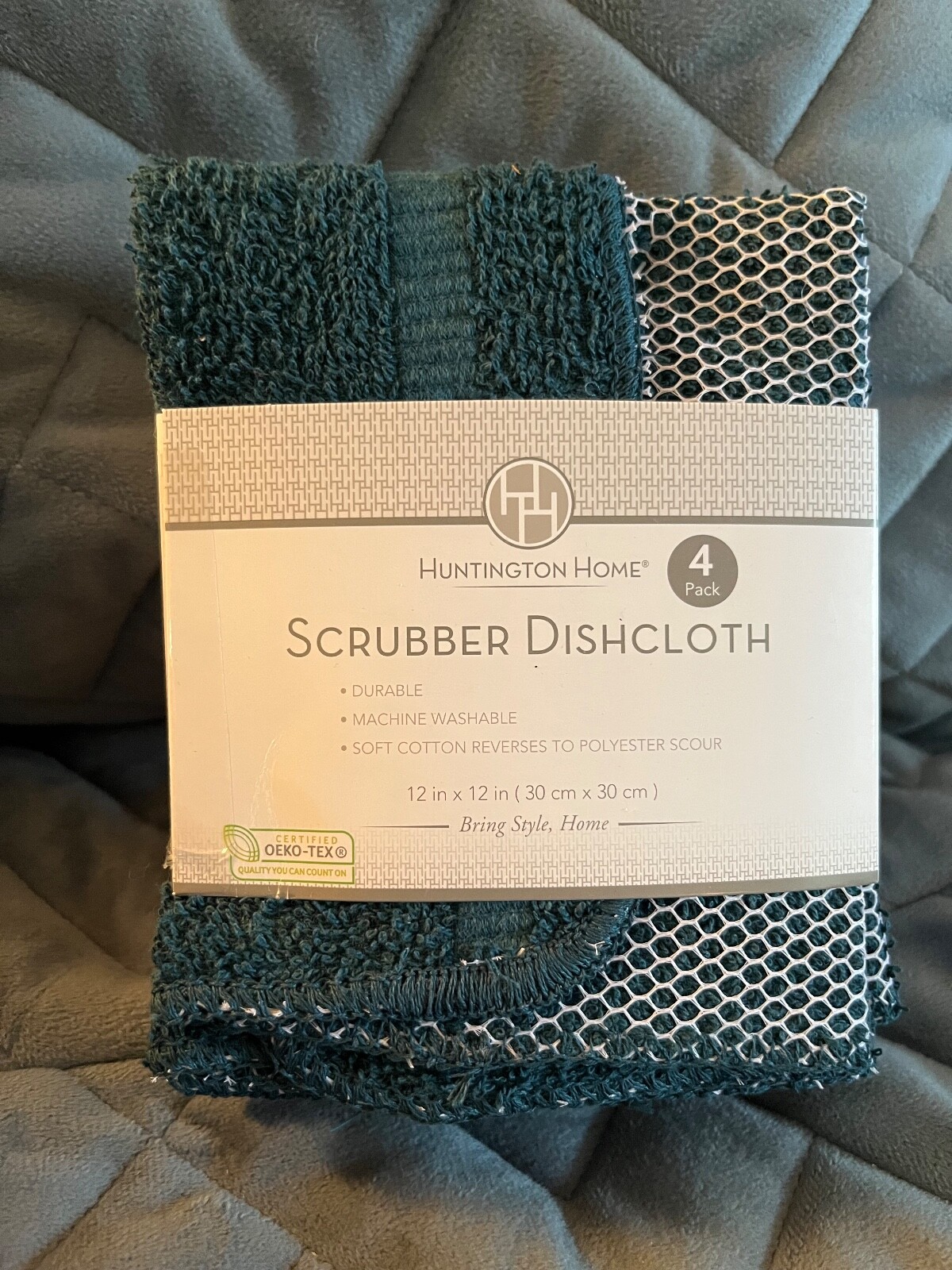 HUNTINGTON HOME 4 PACK GREEN WHITE SCRUBBER DISHCLOTHS 12X12 – NEW