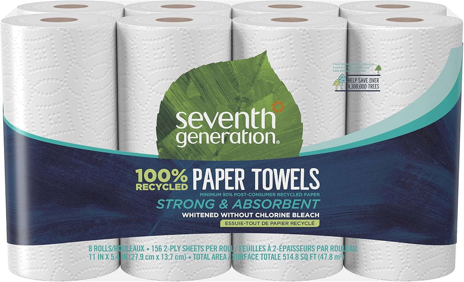 Seventh Generation 100% Recycled Paper Towels, 2-ply, 8 Count, Pack of 4