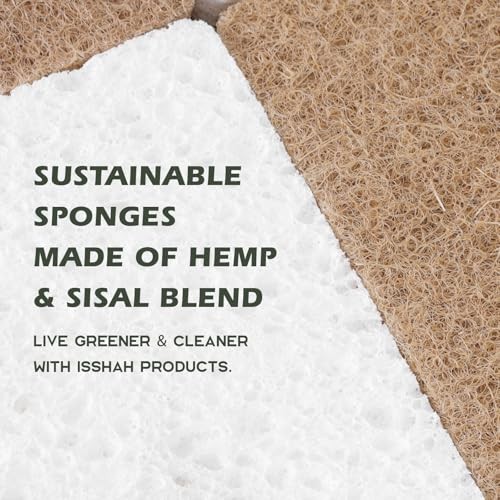 Isshah Plant-Based Kitchen Sponges, Eco-Friendly Sisal Hemp Scrubbers, 12 Count