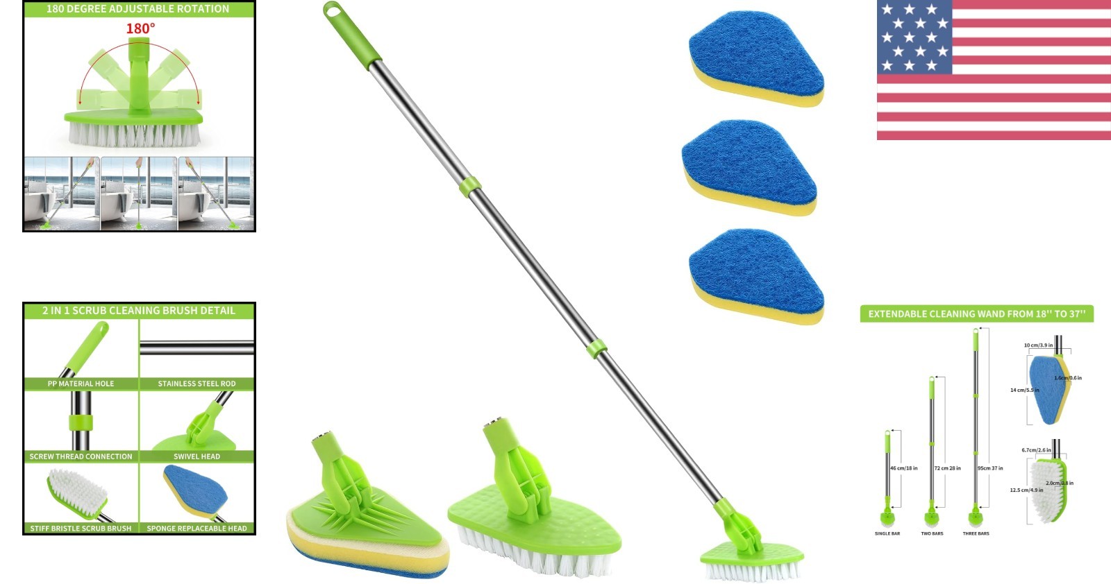 Lightweight Detachable Cleaning Brush with 37″ Extendable Handle for Bathrooms