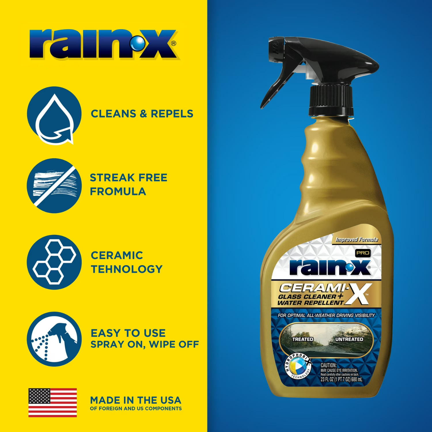 Rain-X Cerami-X Glass Cleaner Water Repellent 23oz Haze-Free Formula, 3 Pack
