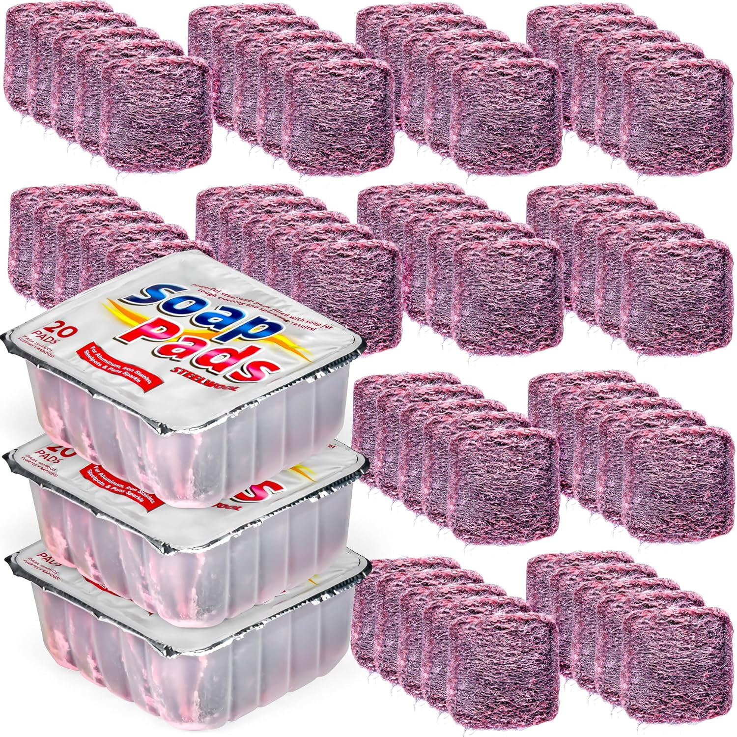 20 Pack Steel Wool Soap Pads Heavy Duty Pre Soaped Scrubbers Kitchen