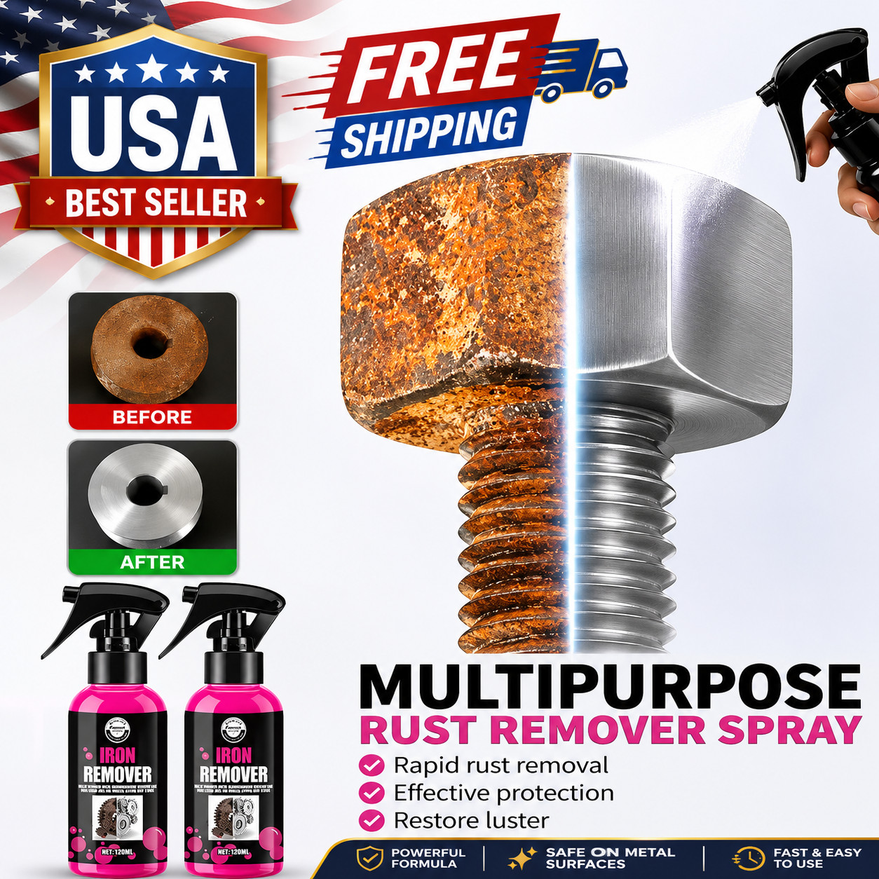 All-Purpose Rust Remover Spray 120ML Fast-Acting Iron Oxidation Eliminator