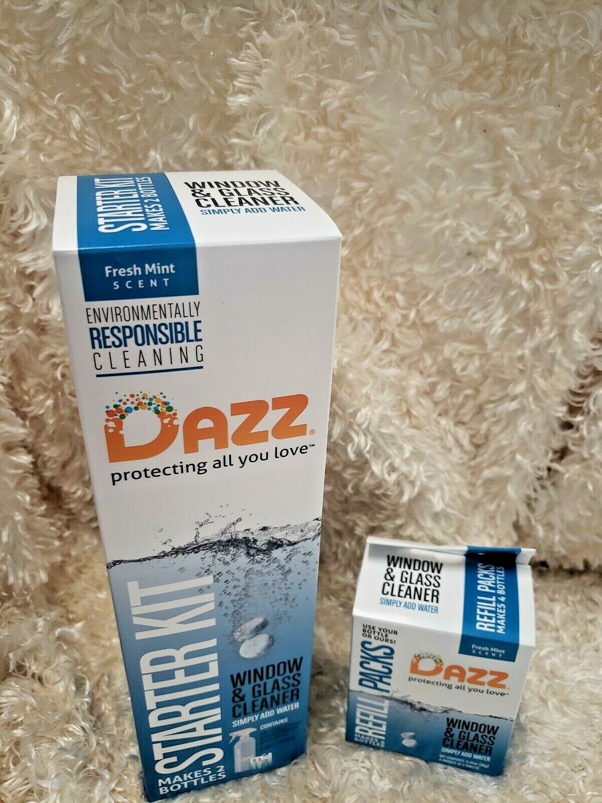 DAZZ Window And Glass Cleaner Starter Kit & Refill Packs-Fresh Mint Lot/2 NEW!