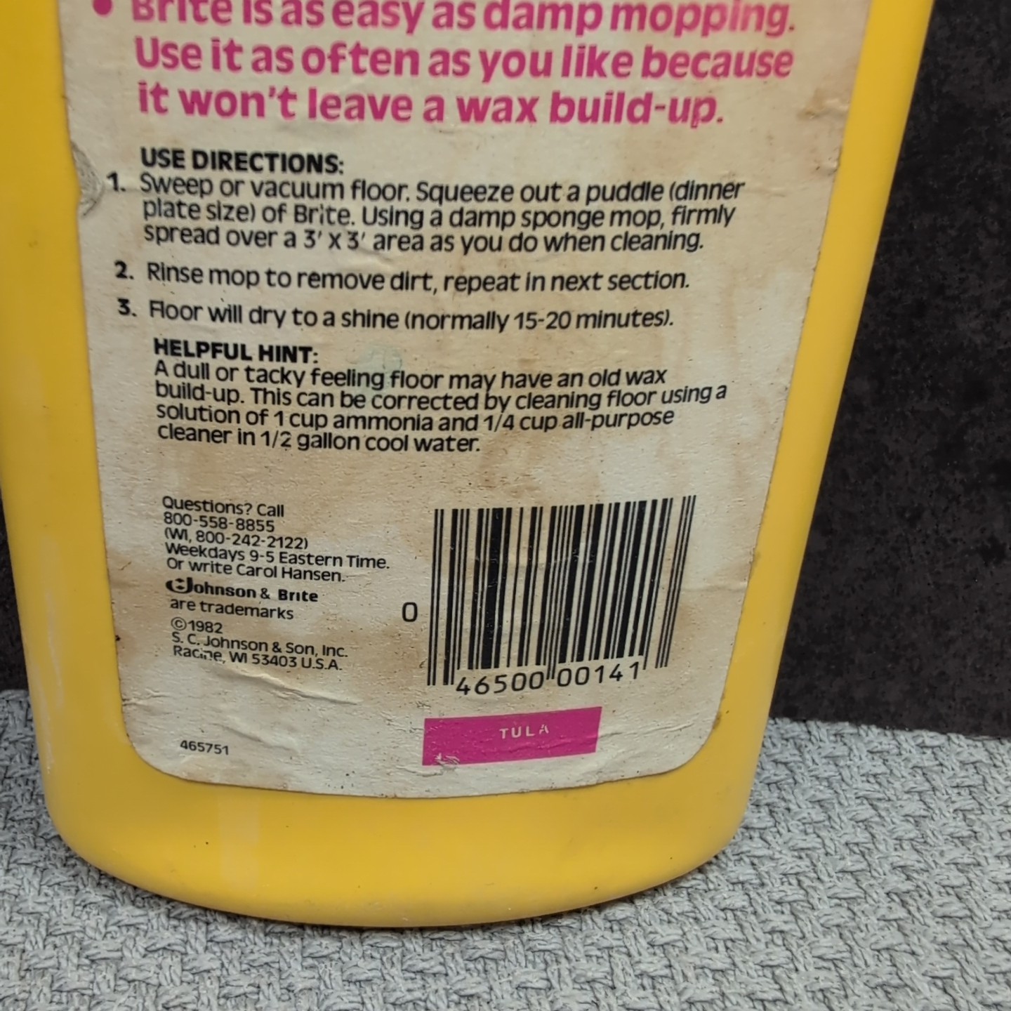 Vintage 1982 Brite No-Wax Floor Cleaner 16oz Bottle 79% Full Prop S.C. Johnson