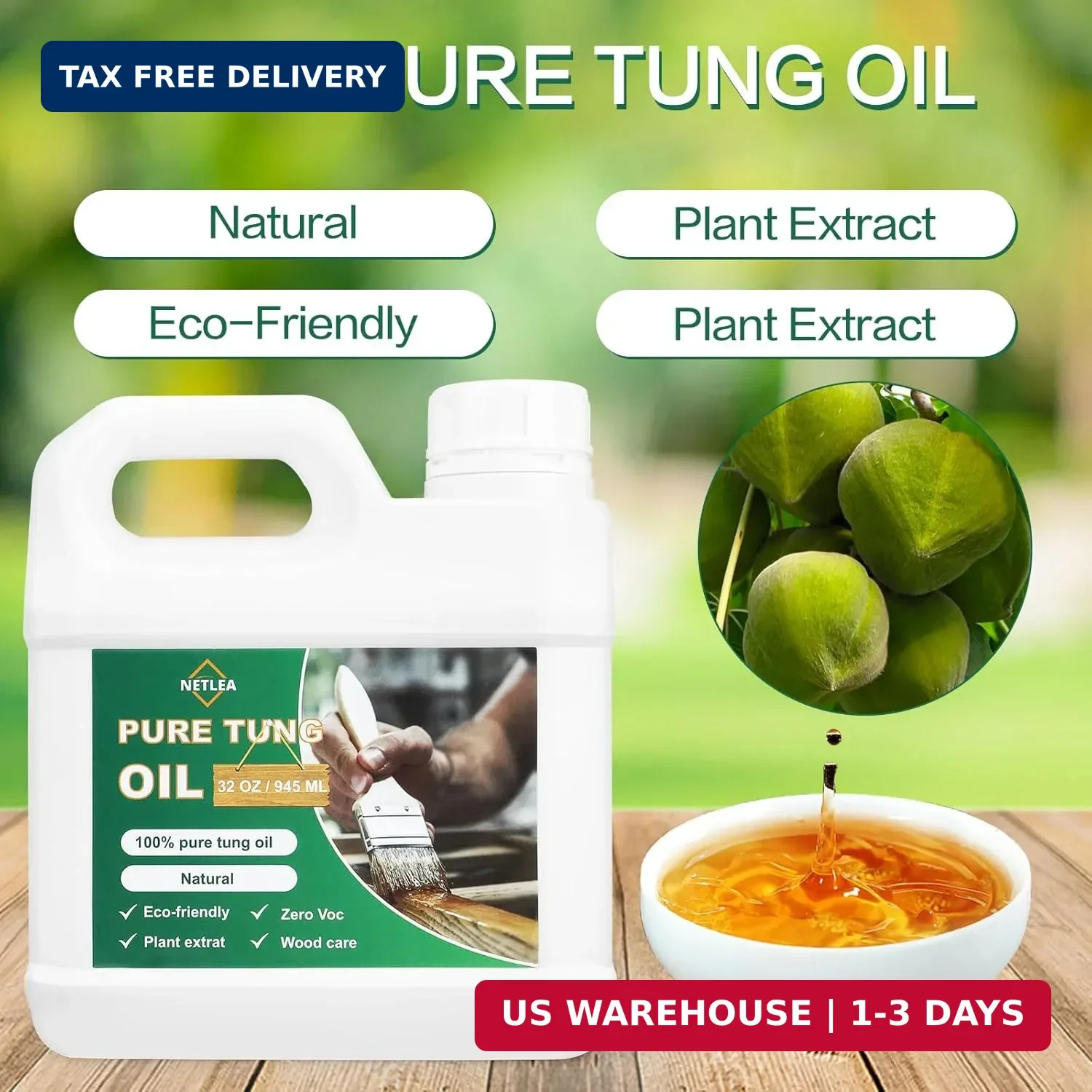 32OZ 100% Pure Tung Oil for Wood-Pure Natural Wood Oil for Indoor & Outdoor Use,