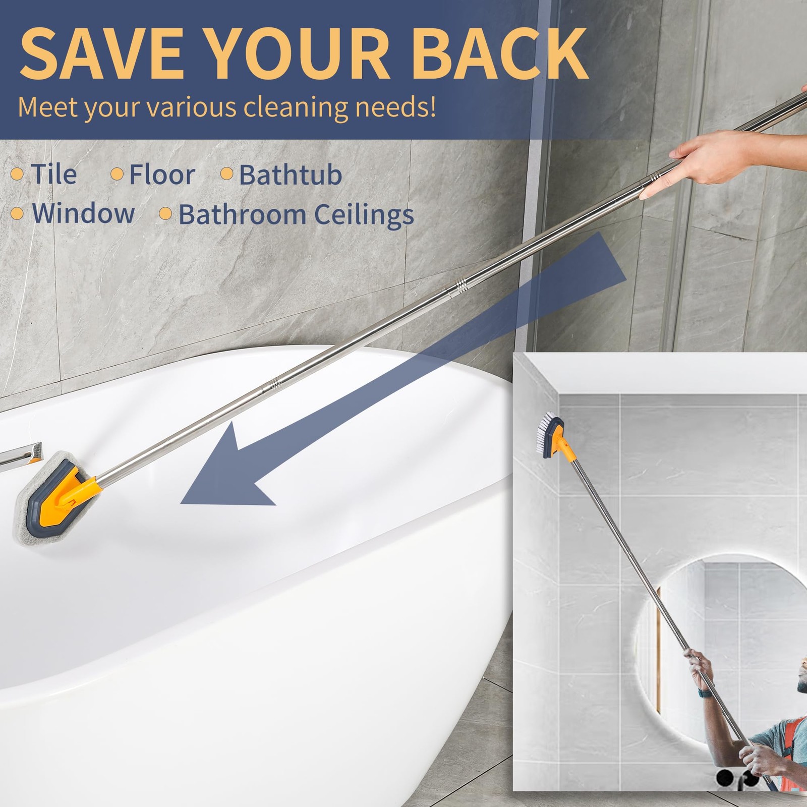 Tub Cleaner Brush with Long Handle, 55″ Extendable Tub Scrubber with Locking …