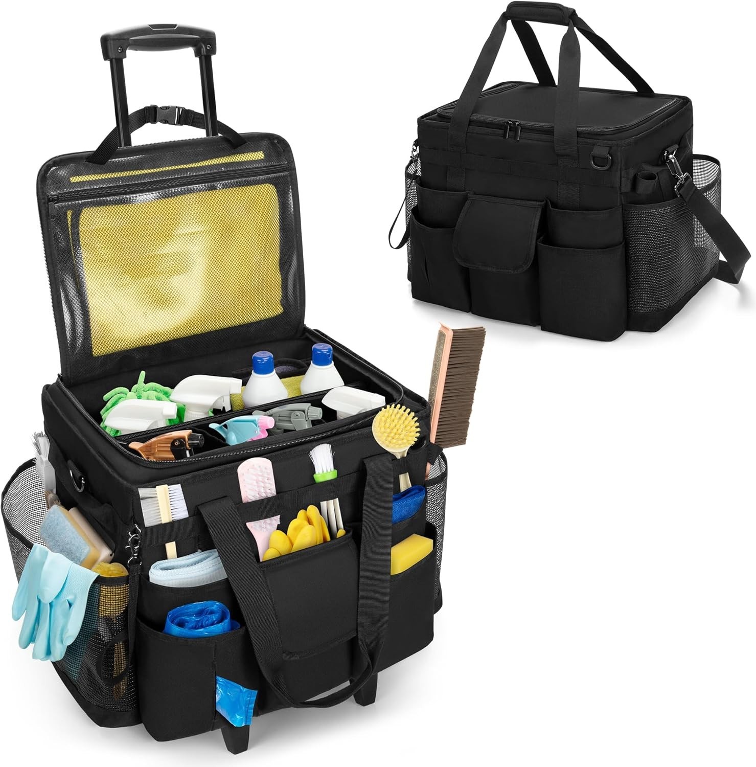 Portable Cleaning Supplies Organizer: Black Rolling Caddy with Adjustable Height