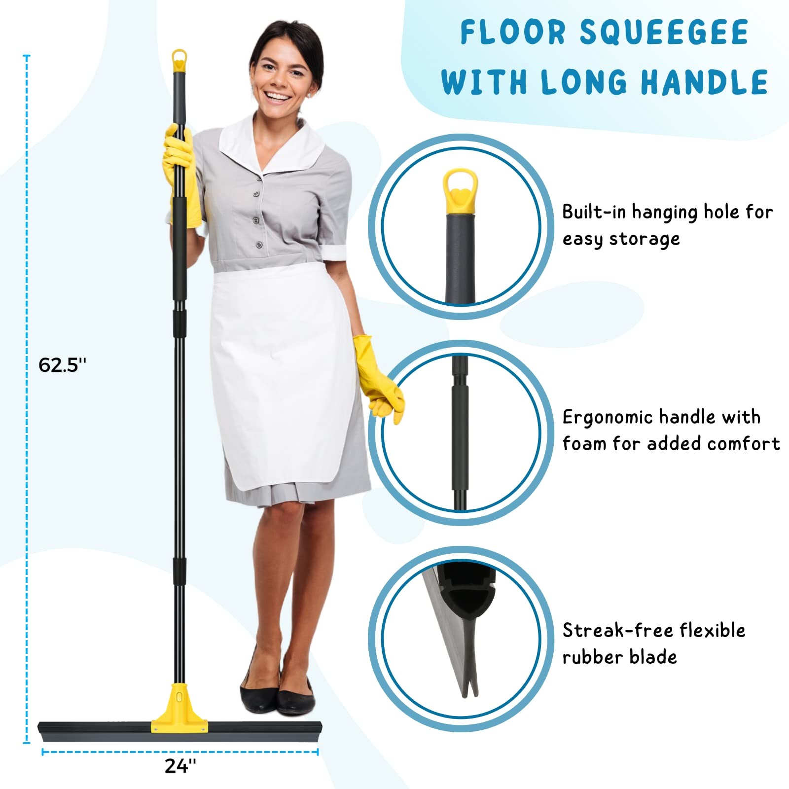 24 Inch Floor Squeegee Rubber Wiper Broom Heavy Duty Water Scraper 60 Handle