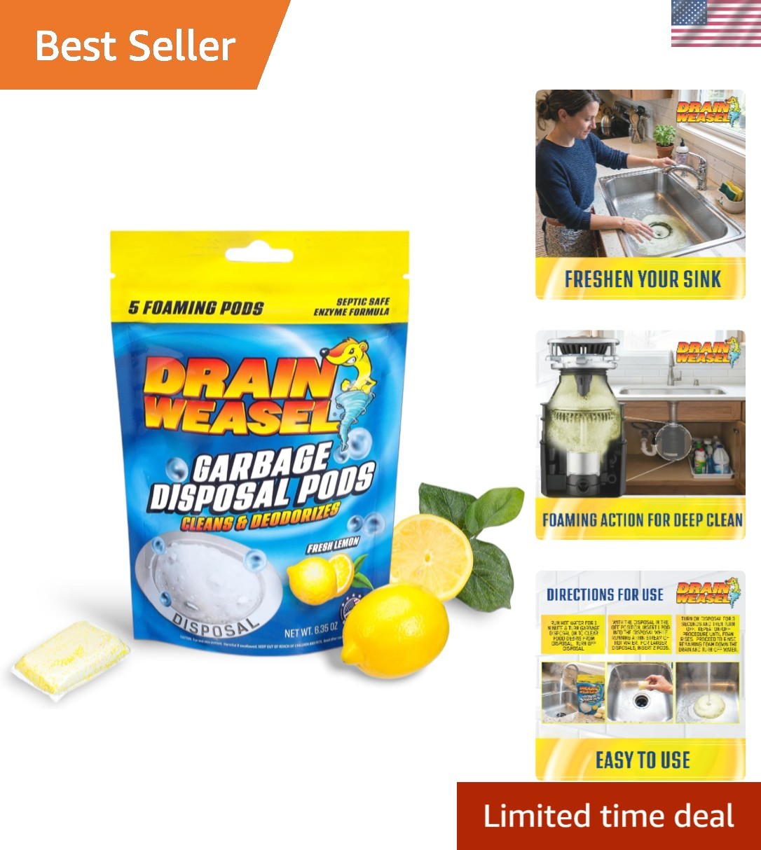 5-Piece Garbage Disposal Pods – Easy to Use Odor Control with Lemon Scent