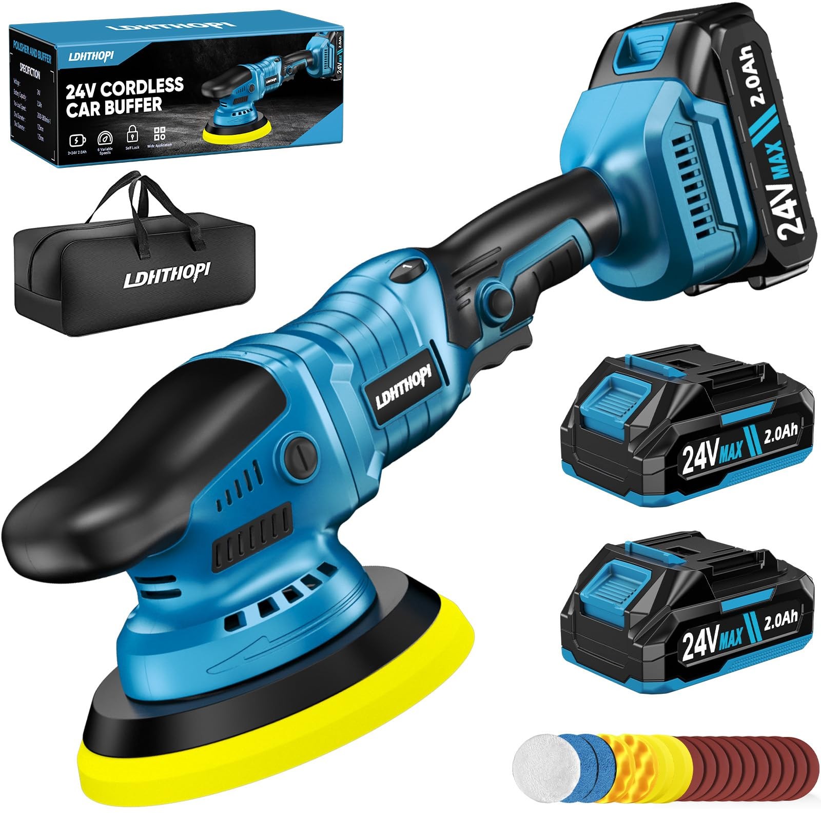 Cordless Buffer Polisher with 2×2000mAh Battery, 10000RPM 1600W High Power Ca…