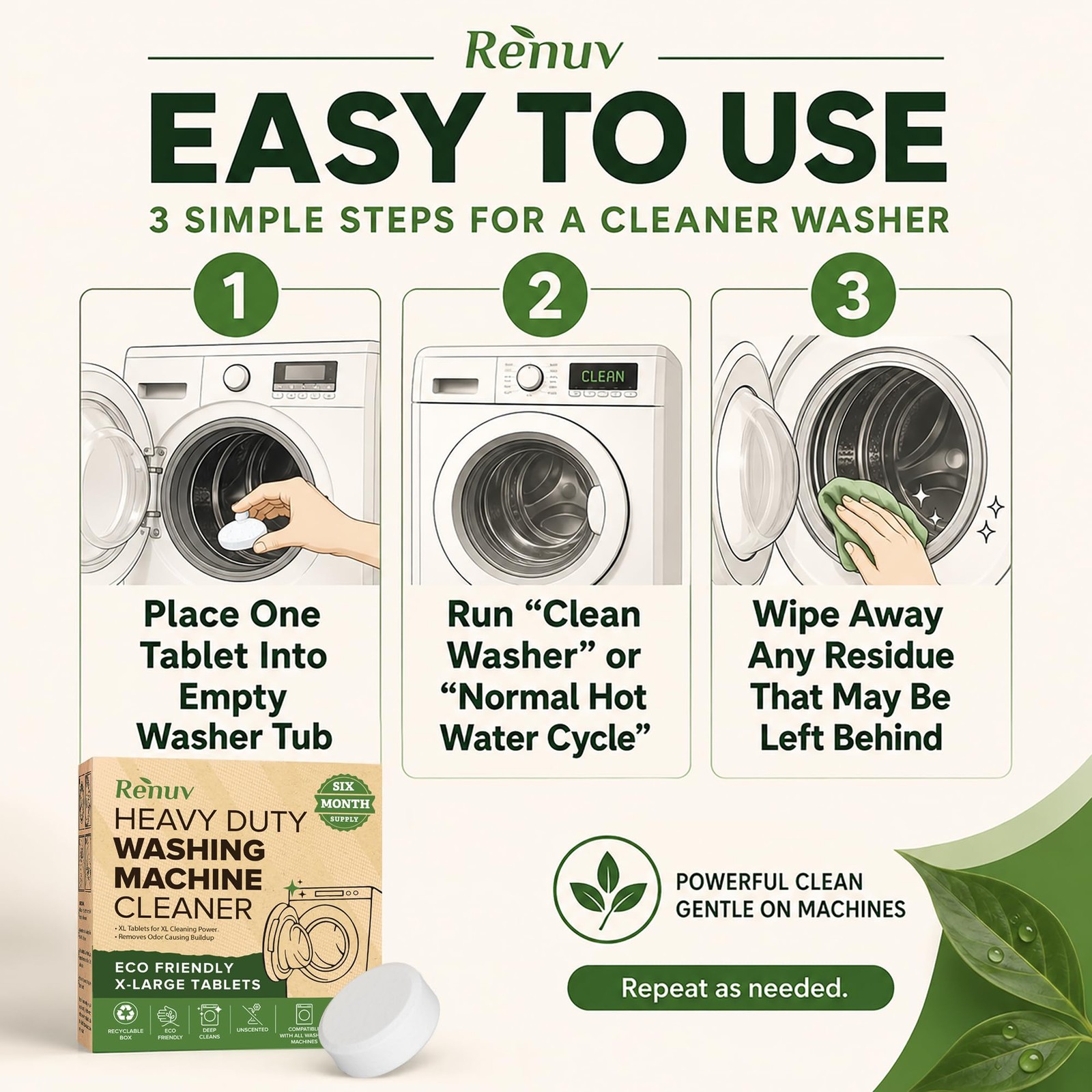 Renuv® Heavy Duty Washing Machine Cleaner & Descaler & Deodorizer Tablets