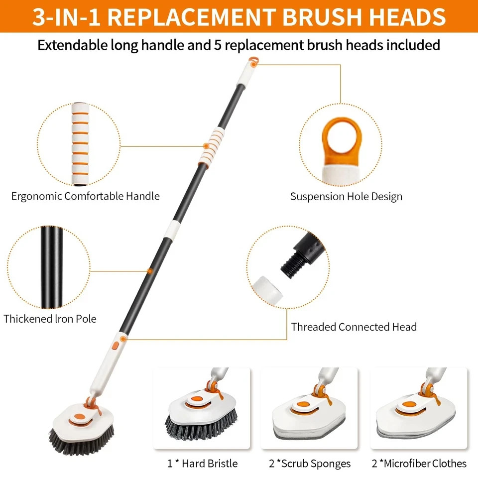 Tub Scrubber Brush with Long Handle 3-in-1 Non Scratch Shower & 5 Detachable