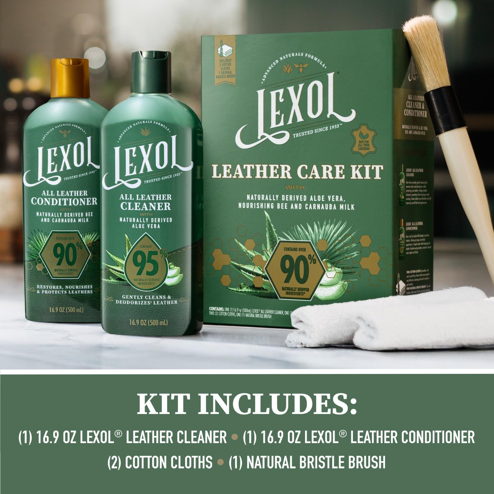 5-Piece Leather Care Kit – Natural Cleaner & Conditioner, Aloe Vera, Cloths & Br