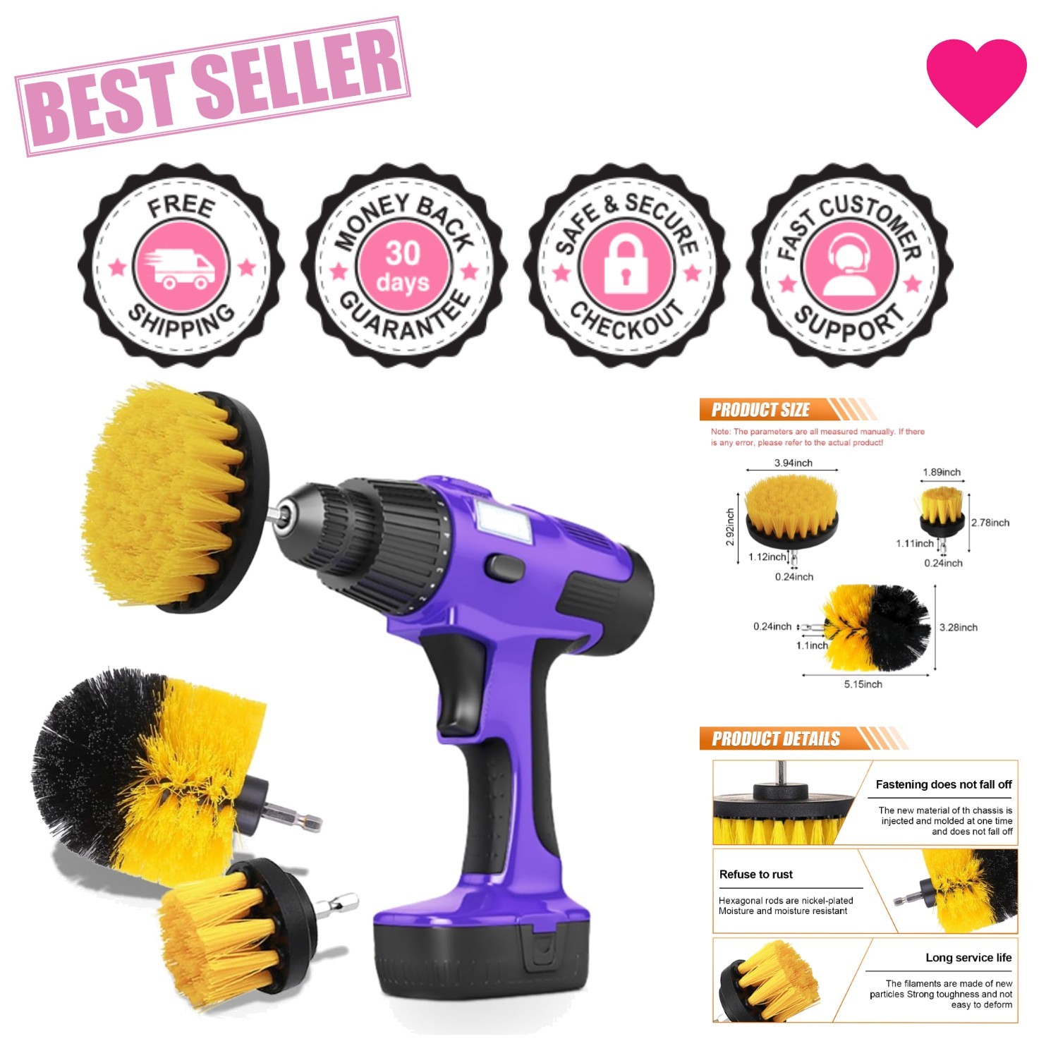 3 Pack Auto Detailing Drill Brush Set, Wheel Cleaner Brush, Car Cleaner Wash Bru