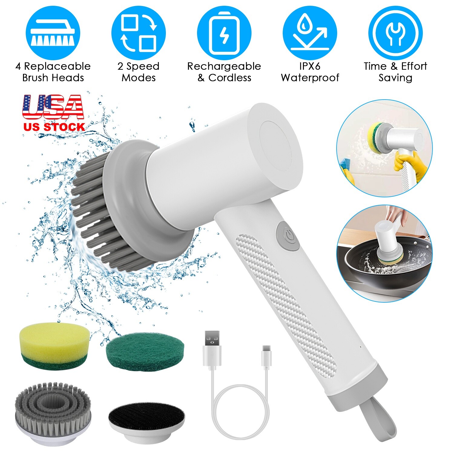 Electric Spin Scrubber Cordless Bath Tub Power Scrubber with Handle & 4 Heads