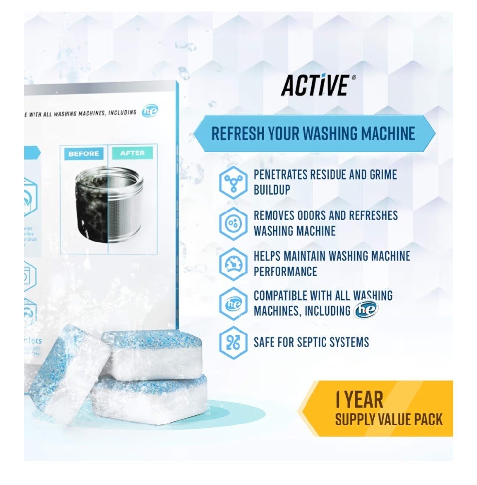 Active Washing Machine Cleaner and Descaler Tablets for HE Front and Top Loaders