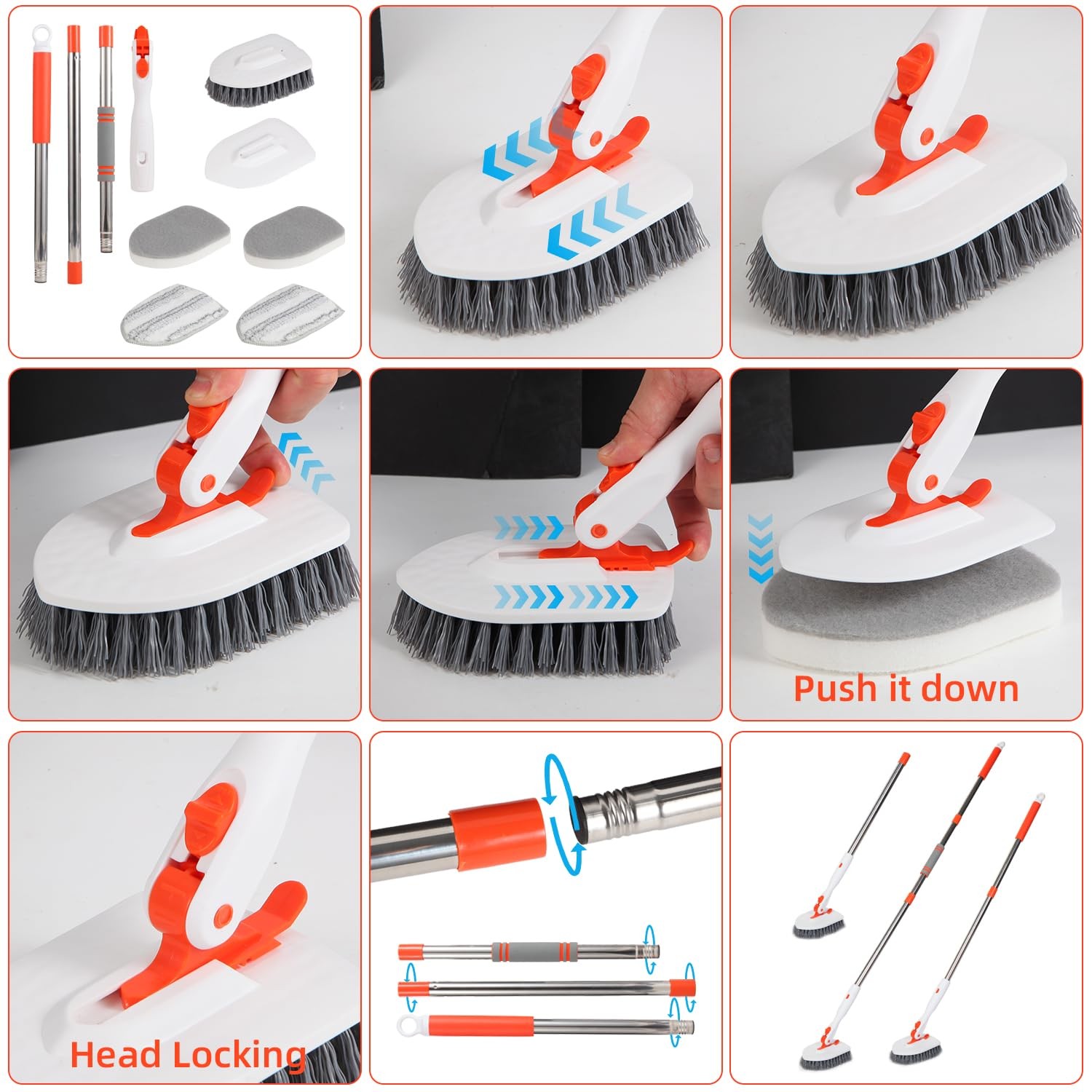 Floor Scrub Brush 3 in 1 Tub Tile Floor Scrubber Brush with 52 inch Long Hand…