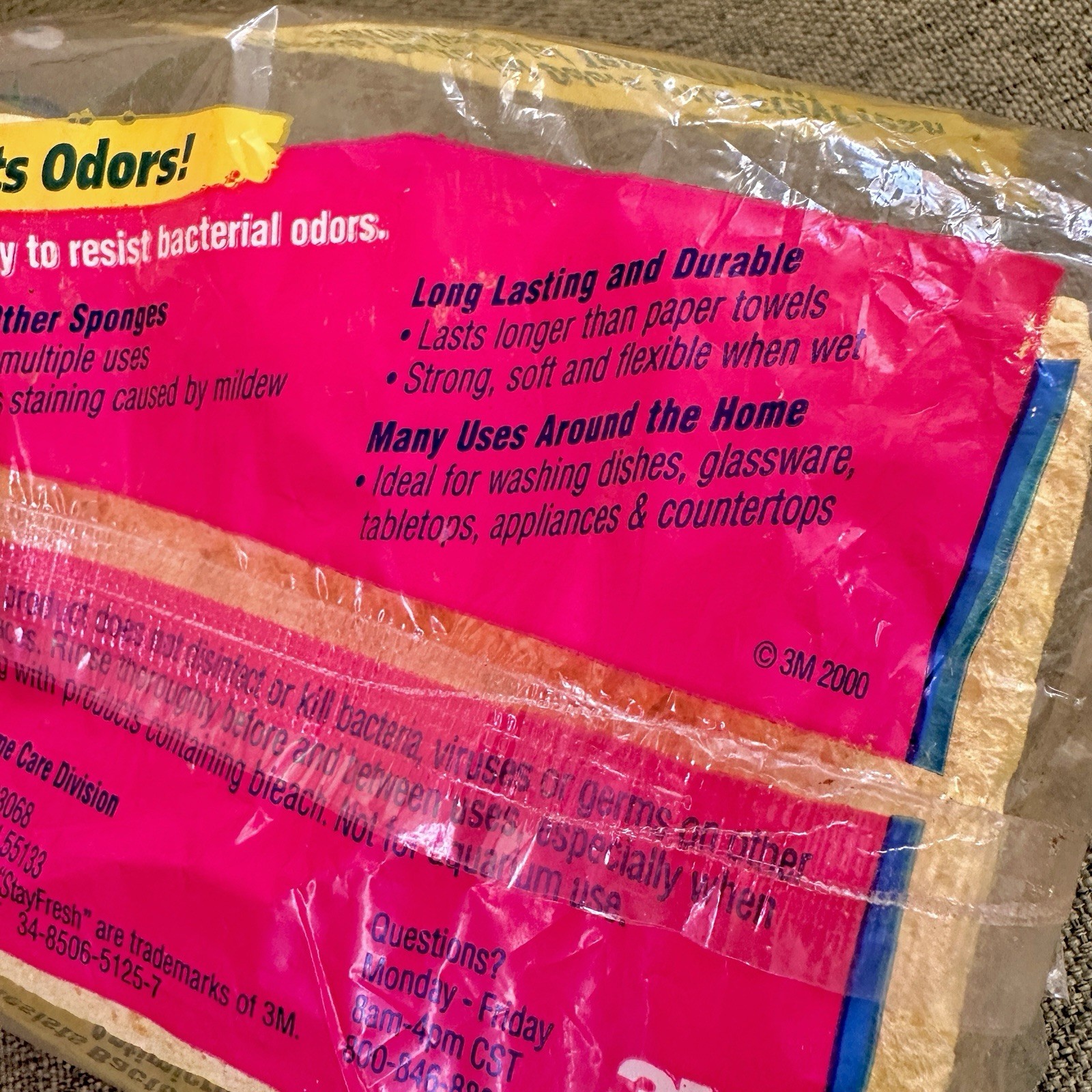 Vintage 3M Ocelo Cellulose Sponge Yellow Large 7.5” X 4.2” Resists Odors 2000