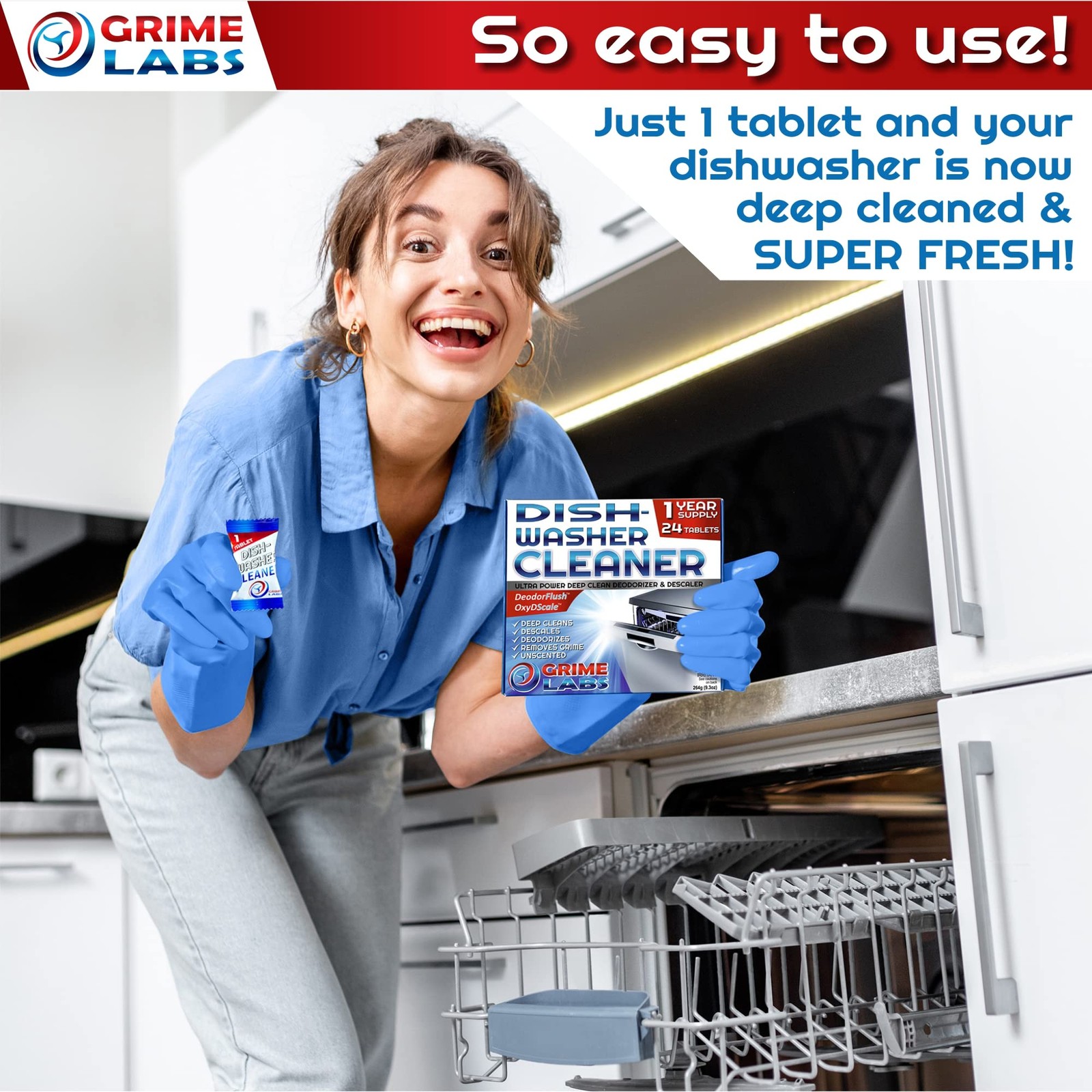 GRIME LABS Dishwasher Cleaner Deodorizer Descaler Tablets, 24 pack Heavy Duty…