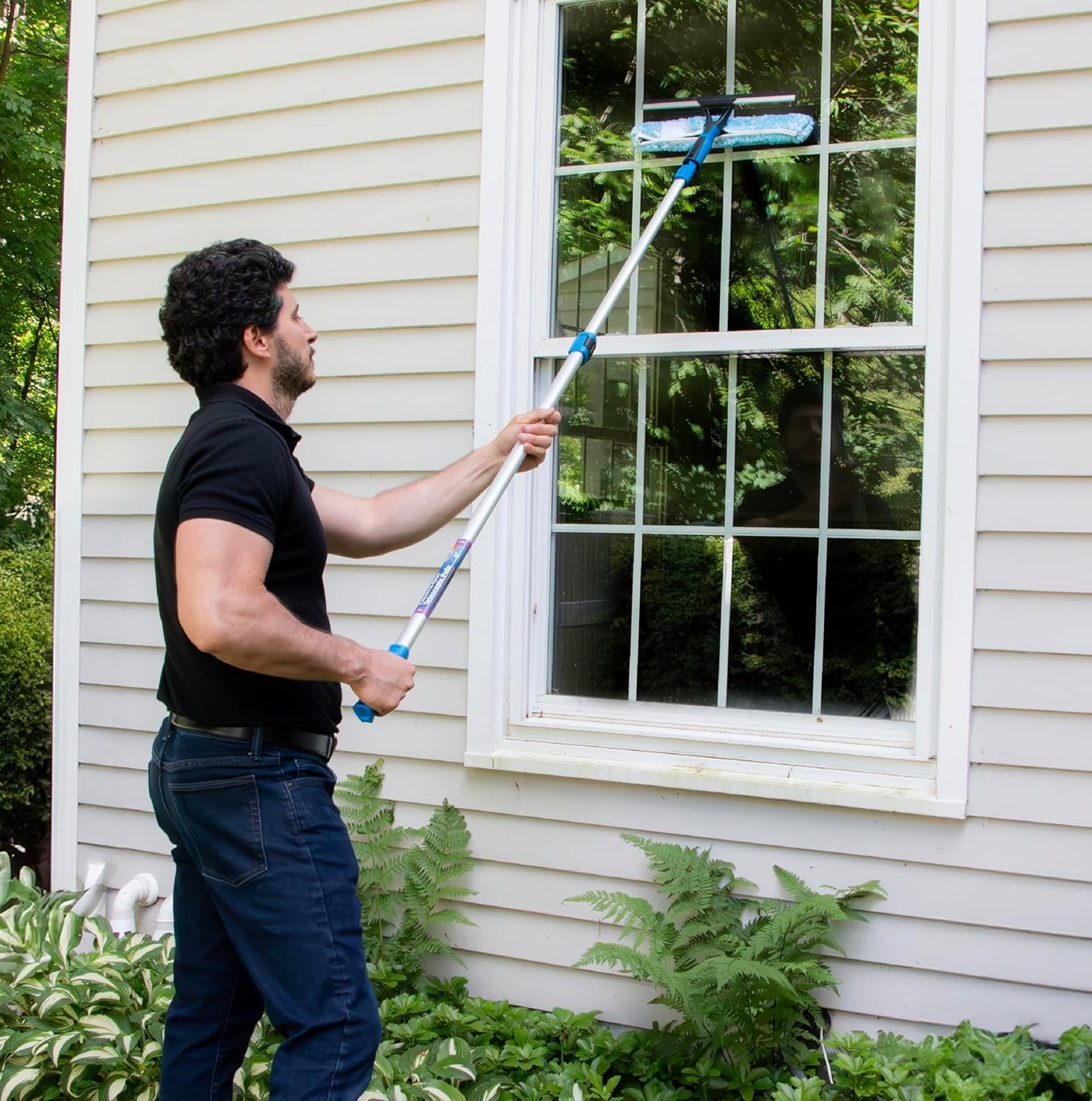 Professional 2-in-1 Squeegee & Scrubber, 14” Window Cleaning Tool & 8’ Connect..