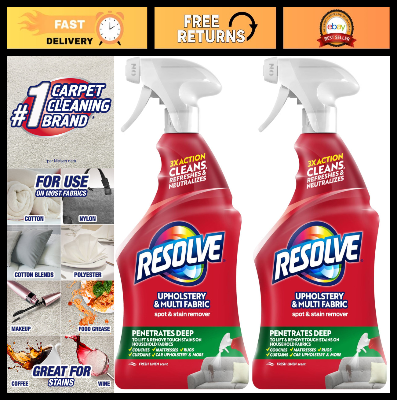 Multi-Fabric Carpet Cleaner & Upholstery Stain Remover Spray, 22 fl oz (2 Pack)