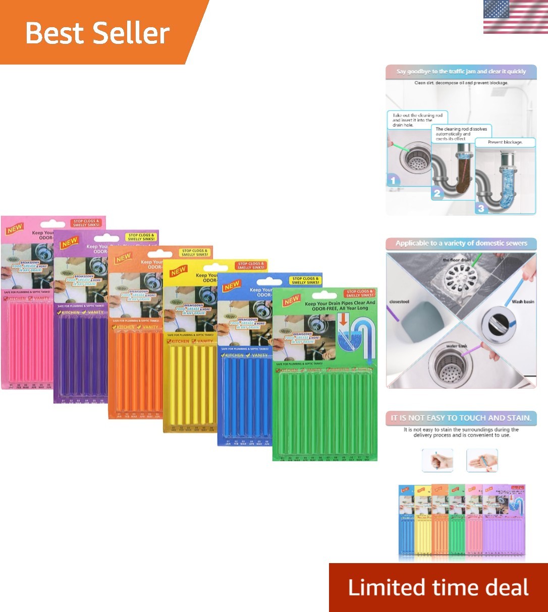 72Pcs Drain Cleaner Deodorizer Sticks Enzyme Sink Cleaner for Kitchen Bathroom