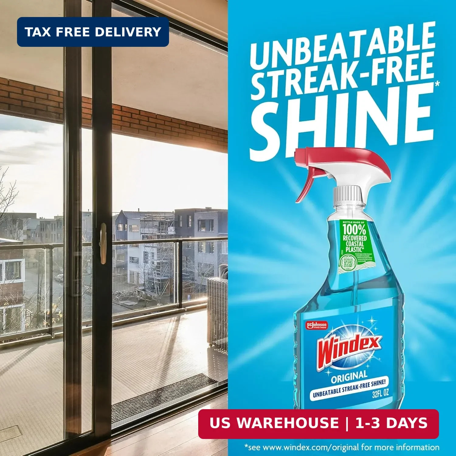 Windex Refill Glass and Window Cleaner Bottle, Bottle Made from 100% Recycled Pl