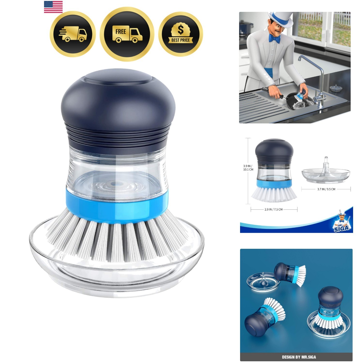 Soap Dispensing Palm Brush Storage Set, Kitchen Brush with Holder for Pot Pan…