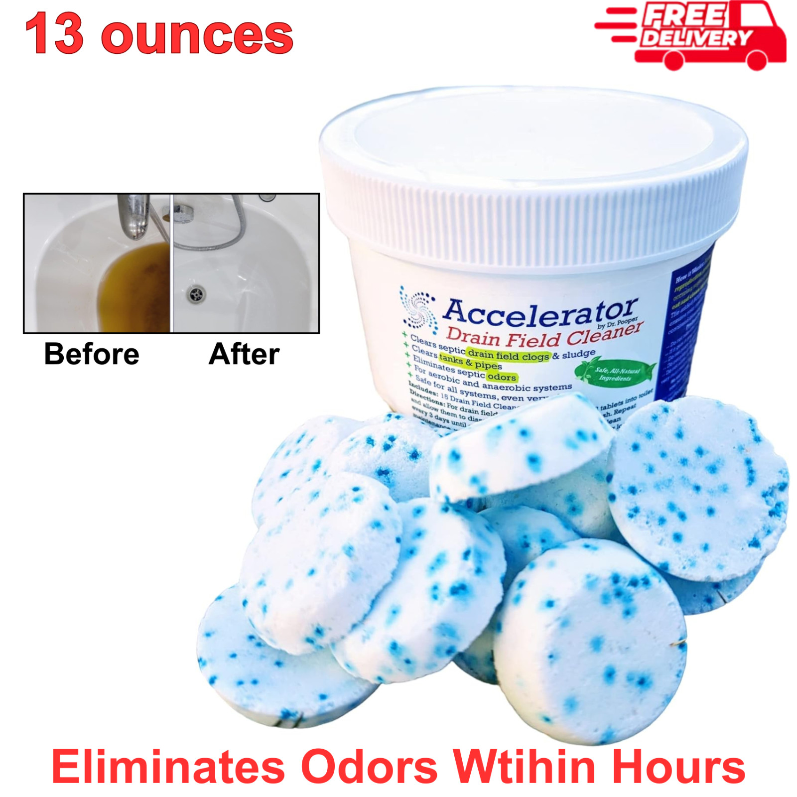 Drain Field Cleaner Tablets, Clears Septic Tanks, Clogs, Sludge&Eliminates Odors