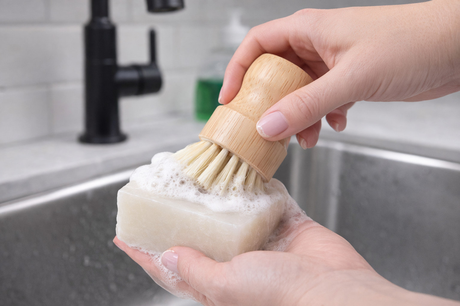 Eco Friendly Dish Soap Bar & Bamboo Brush Set Solid Dish Soap Grease Cut