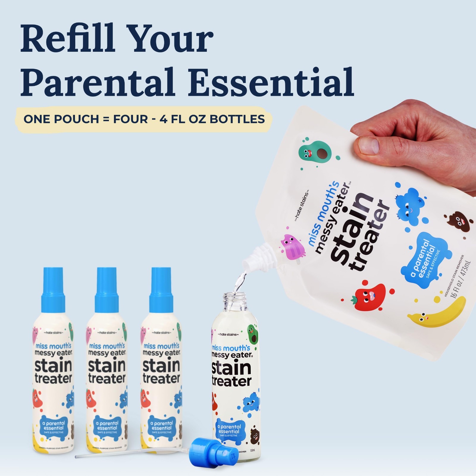 Messy Eater Stain Remover Spray & Refill Pouch – 16oz Each, Tough on Stains