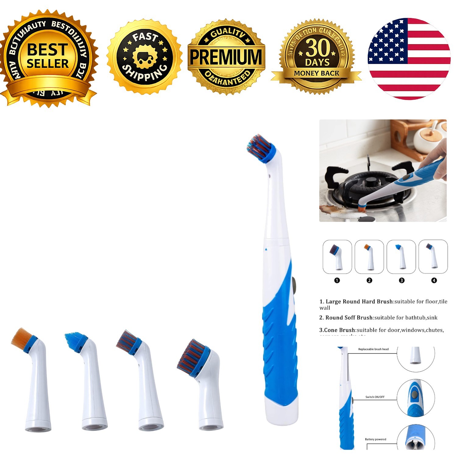 Electric Cleaning Brush Cordless Motorized 4 in 1 Brush Heads Bathroom Toilet