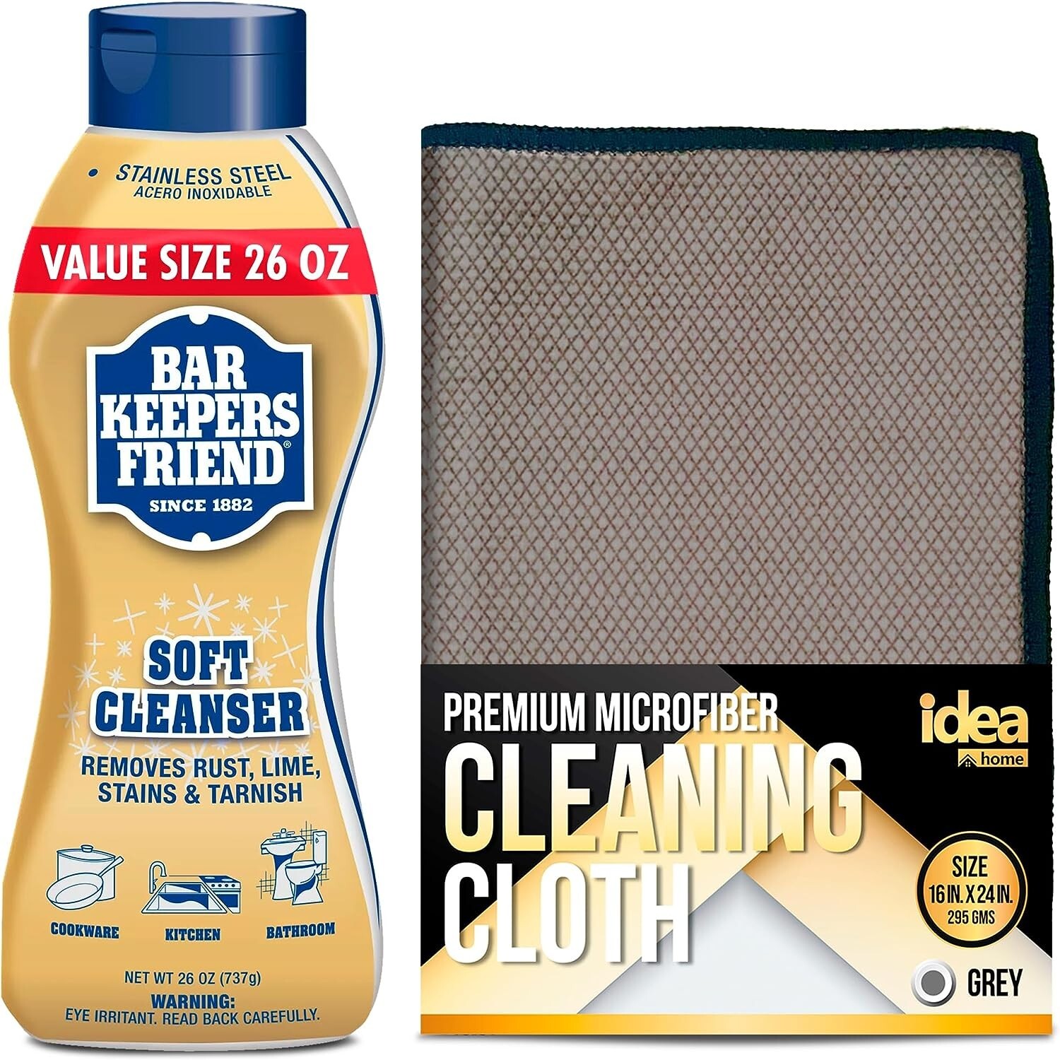 Bar Keepers Friend Soft Cleanser 26oz + Premium Microfiber Cleaning Cloth 16×24