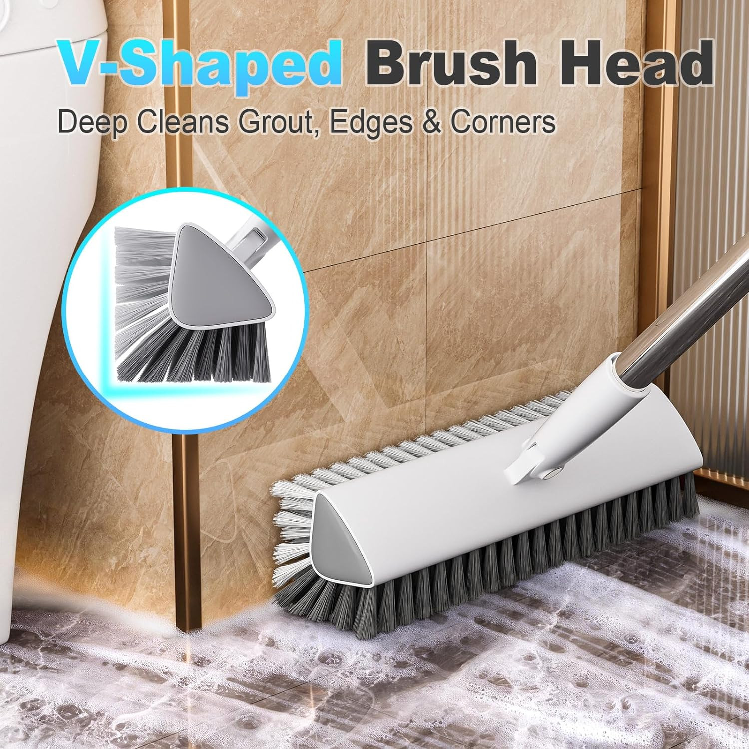 Floor Scrub Brush with Long Handle, Heavy-Duty Stiff Bristles, V-Shape Floor Scr