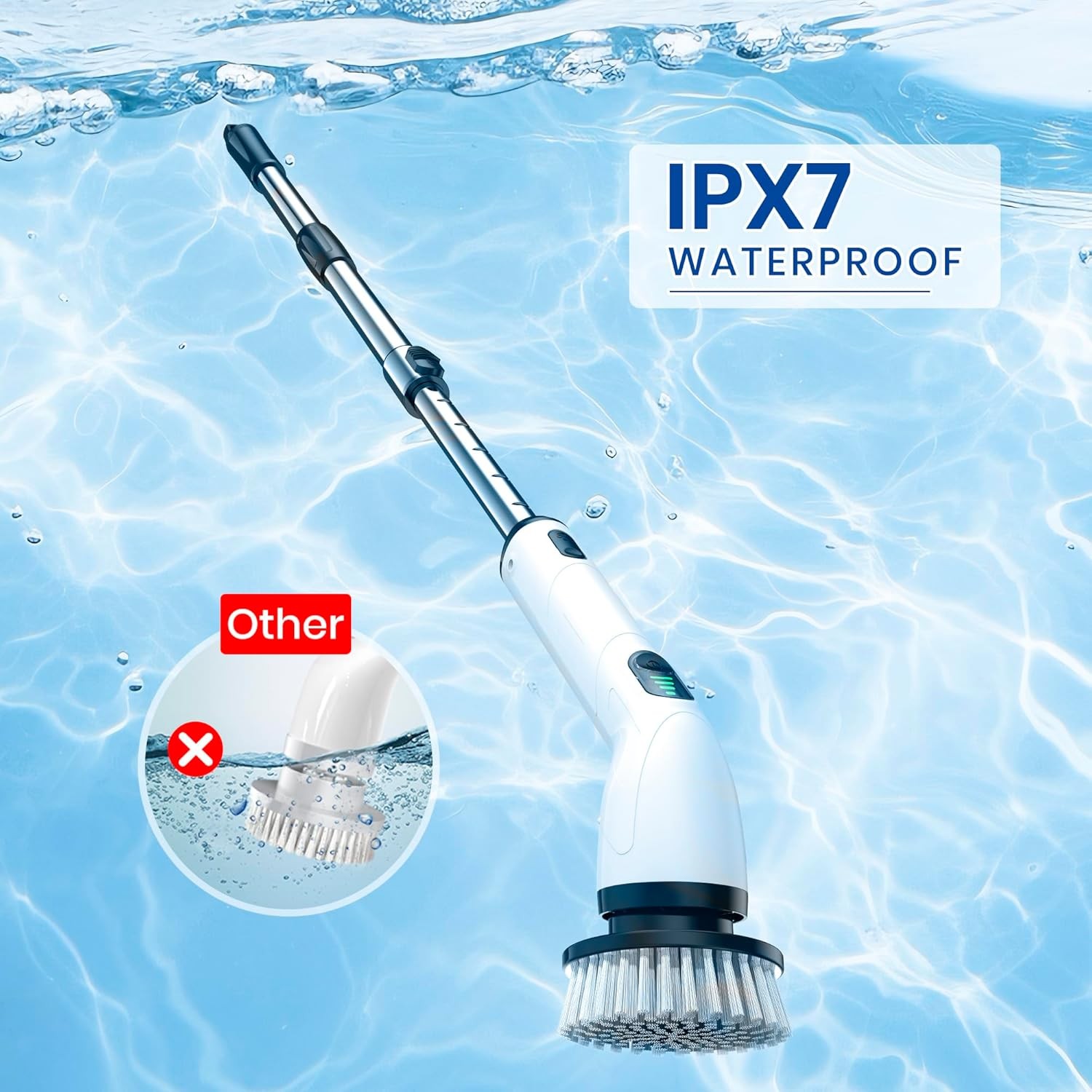Electric rotating cleaning brush, IPX7 waterproof rating, extended handle.